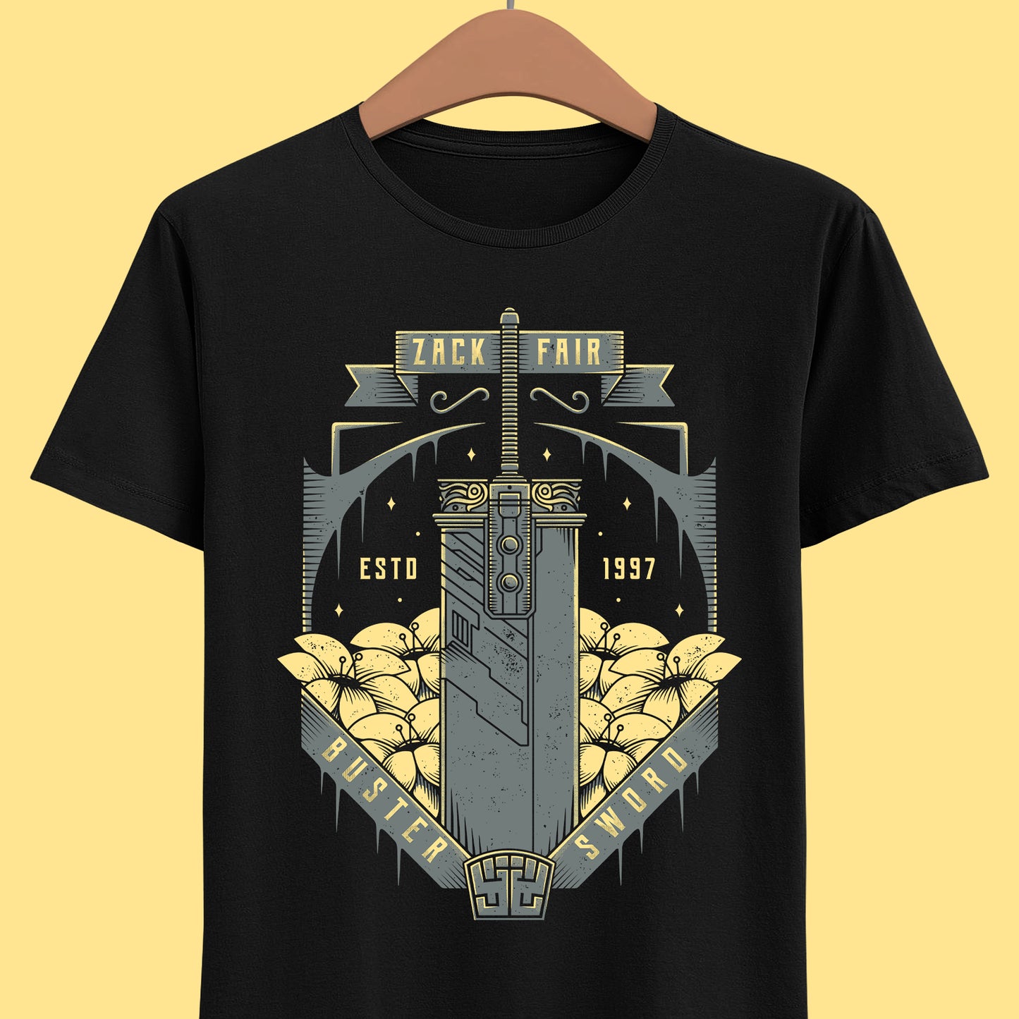 Gamer T-shirt inspired by the iconic Buster Sword of Zack Fair and the beautiful yellow lilies from Aerith in Final Fantasy VII video games.
final fantasy vii, buster sword, zack fair, aerith gainsborough, chocobo, cloud strife, final fantasy vii remake, final fantasy vii rebirth, final fantasy 7, ffvii, ff7, crisis core, first class sword, sephiroth, tifa lockhart, gaming, video games, final fantasy vii t-shirt, final fantasy 7 t-shirt, ffvii t-shirt, zack fair t-shirt, aerith ffvii t-shirt