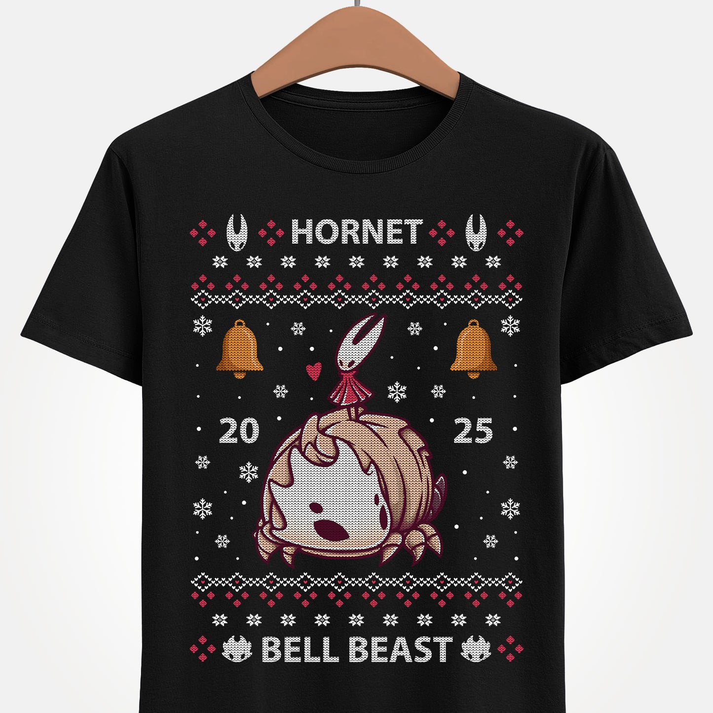 Gamer t-shirt inspired by Hornet and Bell Beast characters from Hollow Knight Silksong metroidvania indie game in ugly christmas sweater art style.
bell beast, gamer t-shirt, gaming, hollow knight, hollowknight, hornet, indie game, metroidvania, sherma, silksong, the knight, video games, videogames, xmas, ugly christmas sweater, hollow knight christmas sweater, hornet hollow knight xmas, xmas gaming gift, christmas gamer gift, ugly christmas sweater, hollow knight christmas ugly sweater tee