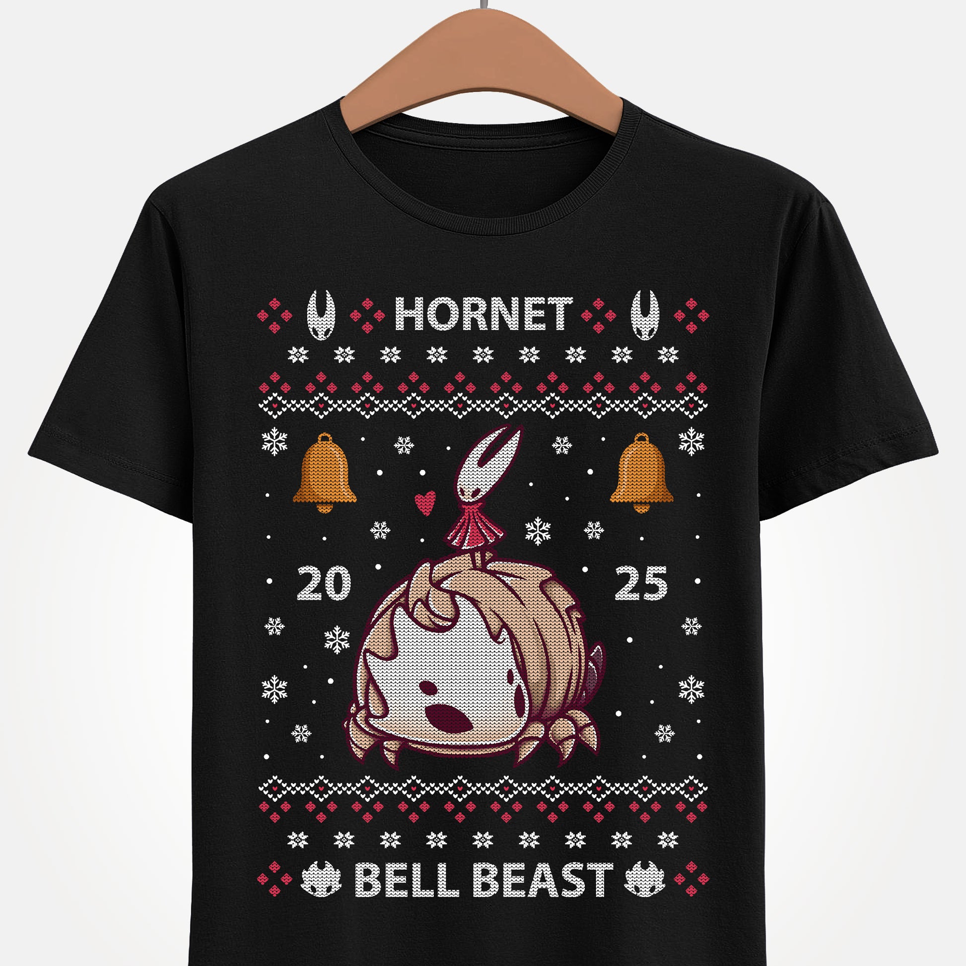 Gamer t-shirt inspired by Hornet and Bell Beast characters from Hollow Knight Silksong metroidvania indie game in ugly christmas sweater art style.
bell beast, gamer t-shirt, gaming, hollow knight, hollowknight, hornet, indie game, metroidvania, sherma, silksong, the knight, video games, videogames, xmas, ugly christmas sweater, hollow knight christmas sweater, hornet hollow knight xmas, xmas gaming gift, christmas gamer gift, ugly christmas sweater, hollow knight christmas ugly sweater tee