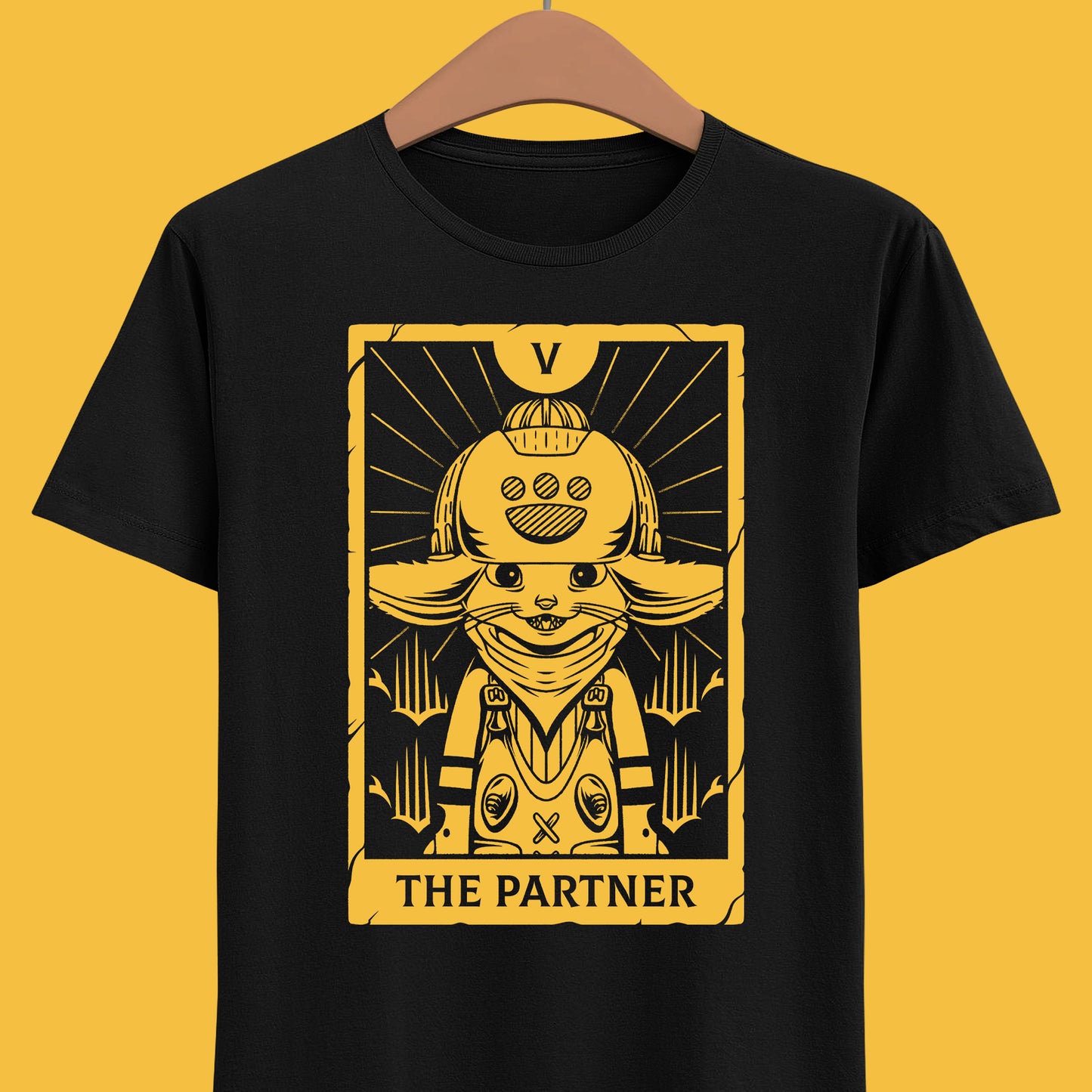 Design inspired Palico felyne race from Monster Hunter Wilds video game in tarot card art style.
monster hunter, monster hunter wilds, monster hunter world, mh, mhwilds, MHWs, MHWilds, キャラメイク, arkveld, lala barina, palico, palicoes, shirt, tee, t-shirt, gaming clothing, clothing brand, gamer clothes, video games, rpg video game, video game