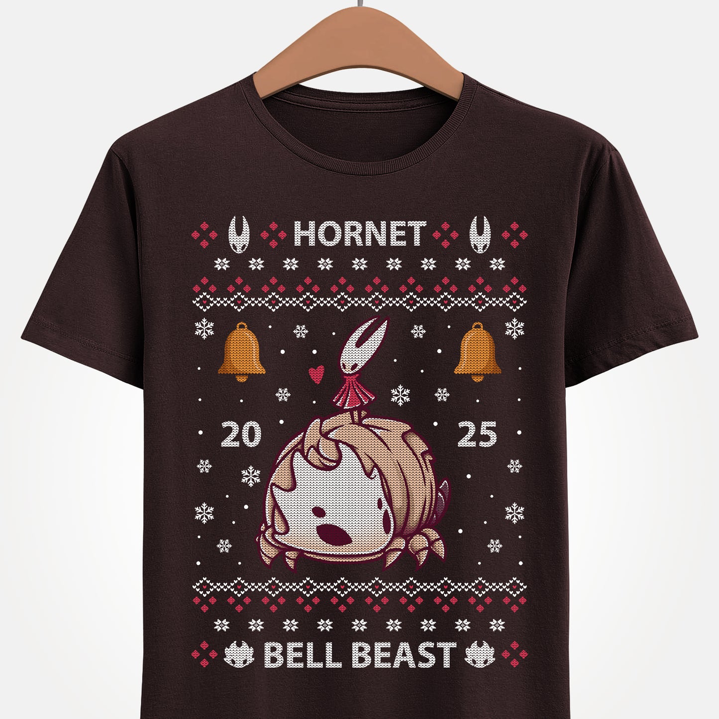 Gamer t-shirt inspired by Hornet and Bell Beast characters from Hollow Knight Silksong metroidvania indie game in ugly christmas sweater art style.
bell beast, gamer t-shirt, gaming, hollow knight, hollowknight, hornet, indie game, metroidvania, sherma, silksong, the knight, video games, videogames, xmas, ugly christmas sweater, hollow knight christmas sweater, hornet hollow knight xmas, xmas gaming gift, christmas gamer gift, ugly christmas sweater, hollow knight christmas ugly sweater tee