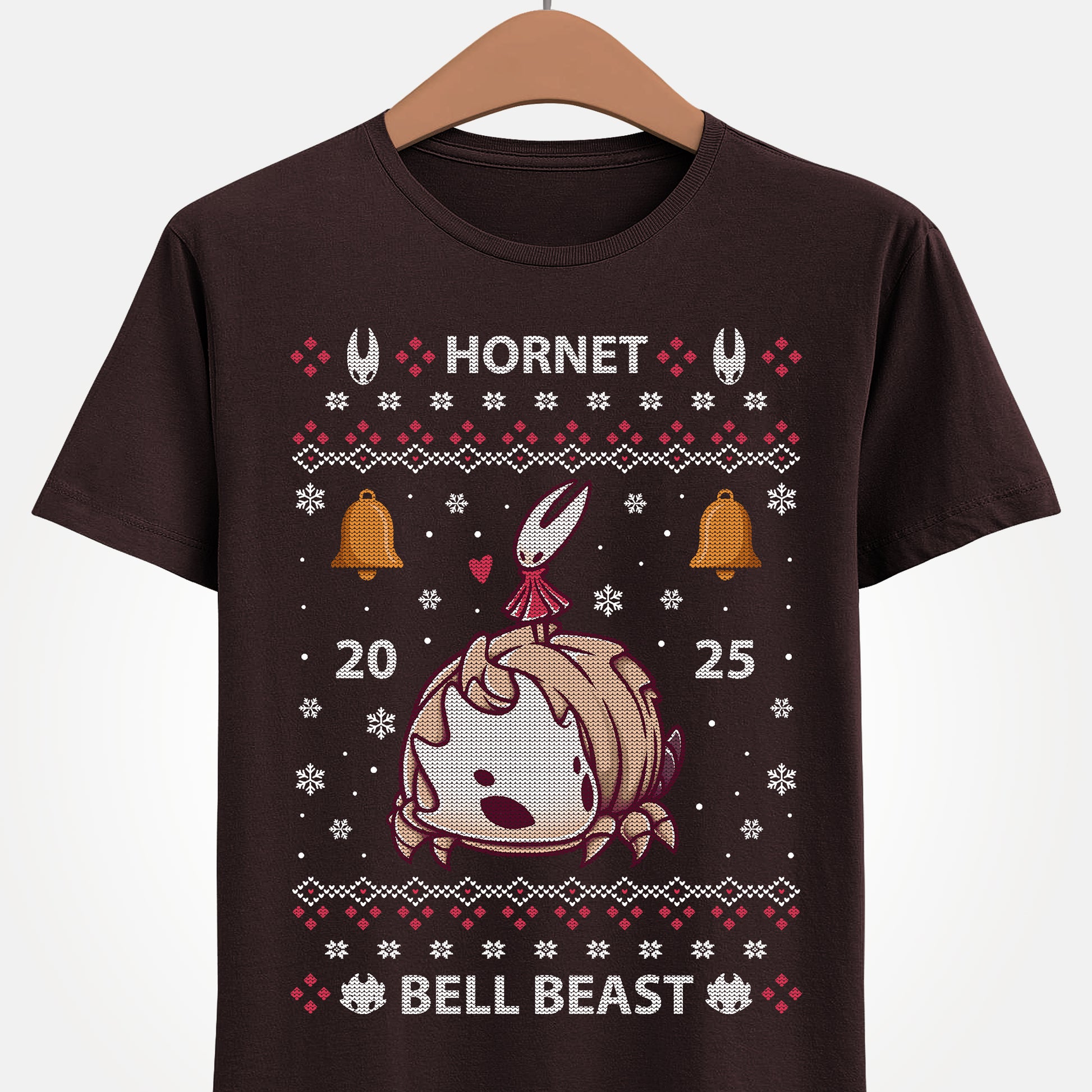 Gamer t-shirt inspired by Hornet and Bell Beast characters from Hollow Knight Silksong metroidvania indie game in ugly christmas sweater art style.
bell beast, gamer t-shirt, gaming, hollow knight, hollowknight, hornet, indie game, metroidvania, sherma, silksong, the knight, video games, videogames, xmas, ugly christmas sweater, hollow knight christmas sweater, hornet hollow knight xmas, xmas gaming gift, christmas gamer gift, ugly christmas sweater, hollow knight christmas ugly sweater tee