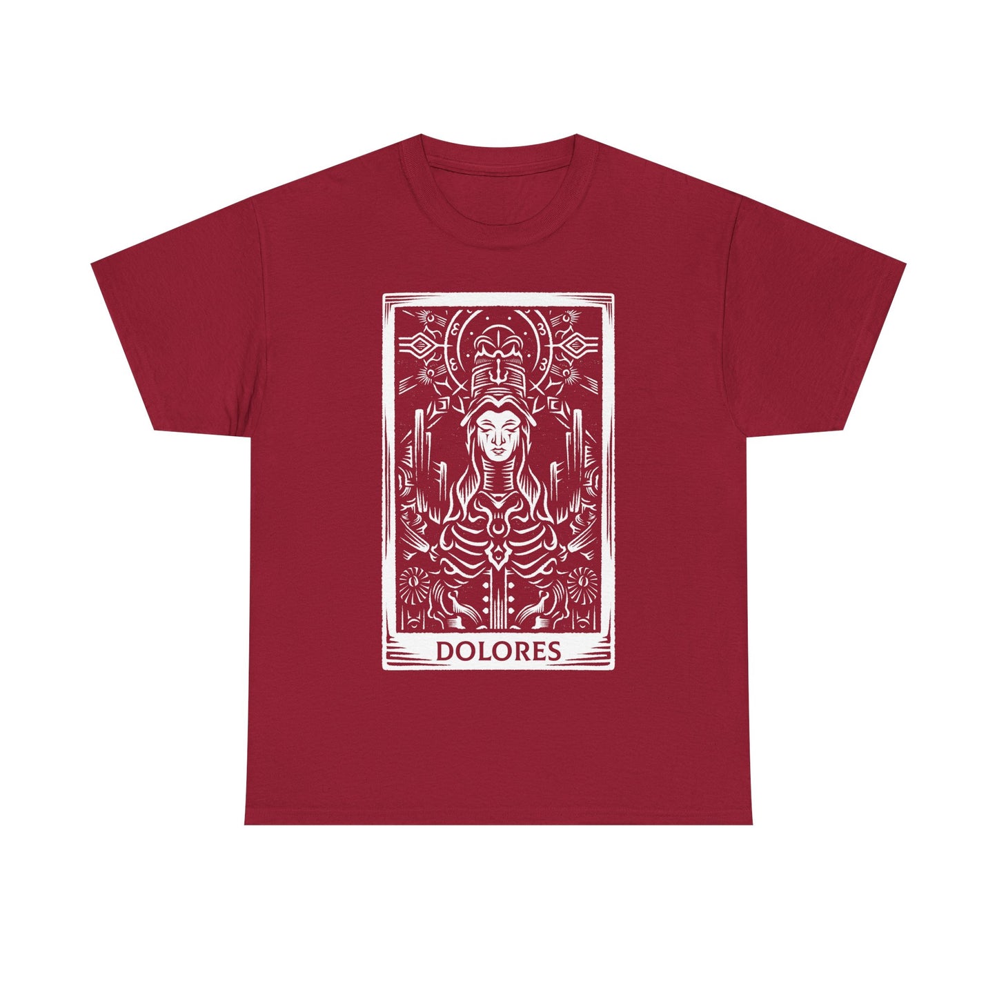 Madre Dolores tarot card t-shirt inspired by Crisol Theater of Idols, gothic horror dark fantasy tarot design featuring the mysterious character in occult tarot card style artwork.