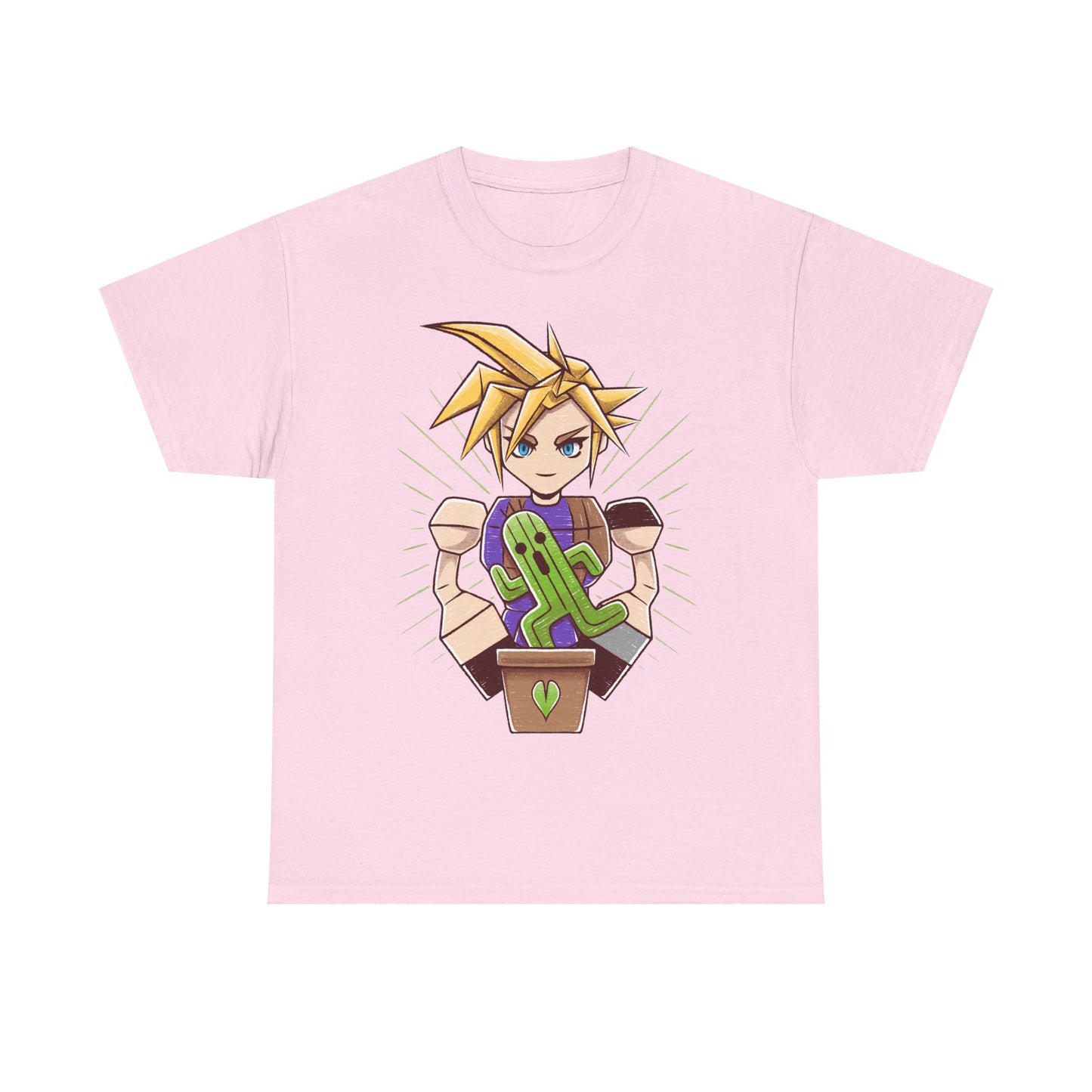 Final Fantasy VII t-shirt featuring Cloud Strife caring for a garden of Cactuars inspired by the legendary 10,000 Needles attack.