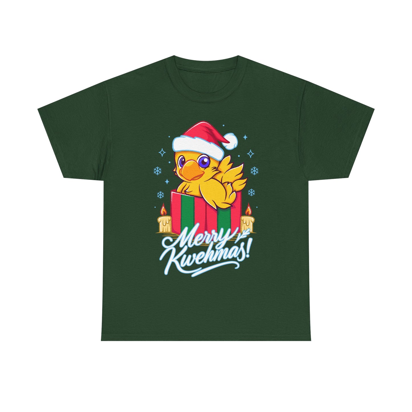 High-quality T-shirt featuring a cute Chocobo from the Final Fantasy series sitting inside a Christmas gift box and wearing a festive Santa hat. The design blends JRPG charm with adorable holiday aesthetics, making it perfect for fans of Chocobos, Christmas gaming apparel, and cute kawaii art. Ideal for gifting, collectors, and gamers who enjoy cozy festive clothing. Soft unisex tee suitable for daily wear during the holiday season. cute chocobo kawaii t-shirt, final fantasy christmas t-shirt