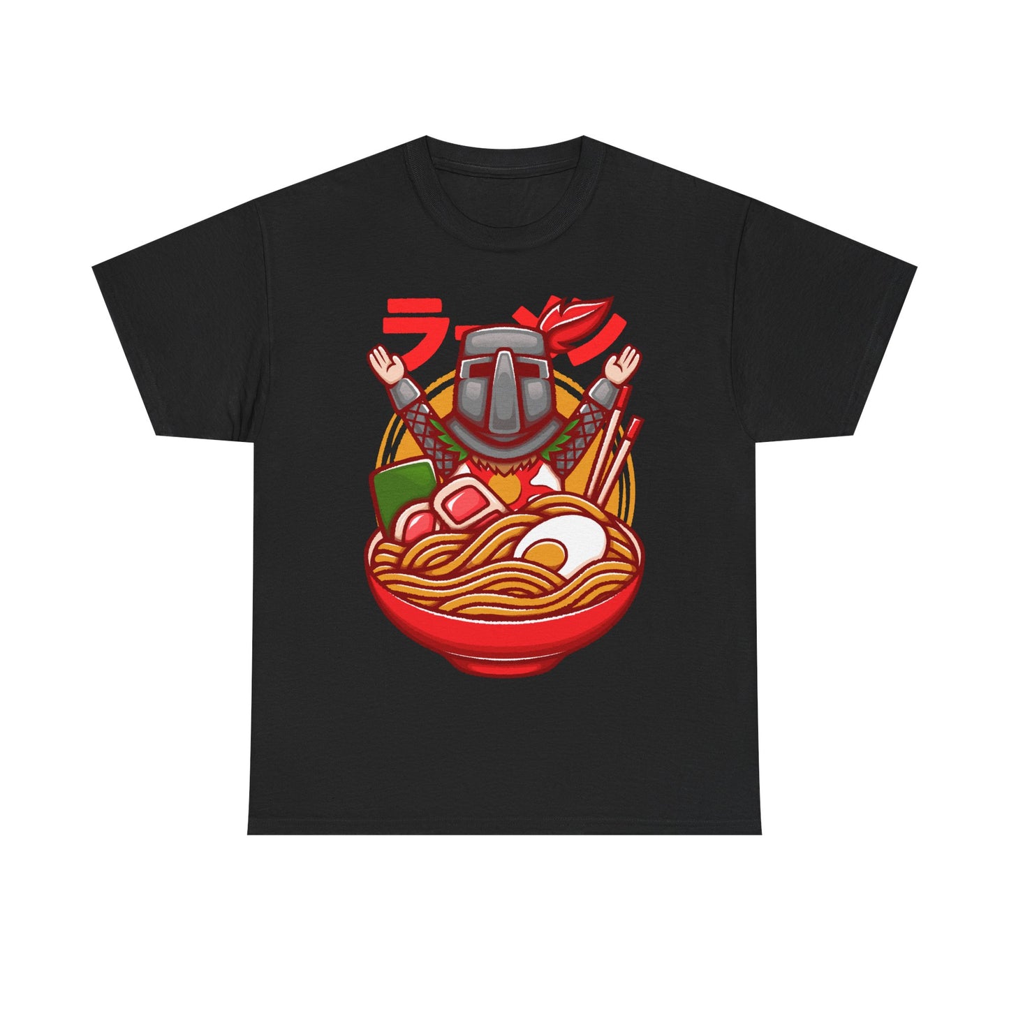 Solaire of Astora ramen t-shirt inspired by Dark Souls, featuring the iconic knight inside a stylized ramen bowl in a fun fantasy art style. This unisex gamer shirt blends action RPG energy with cozy Japanese ramen aesthetics. Perfect for fans of Dark Souls, Dark Souls II, Dark Souls III, Bloodborne, and Elden Ring. Ideal soulslike merch for collectors, FromSoftware fans, and gamers who love unique fantasy designs.