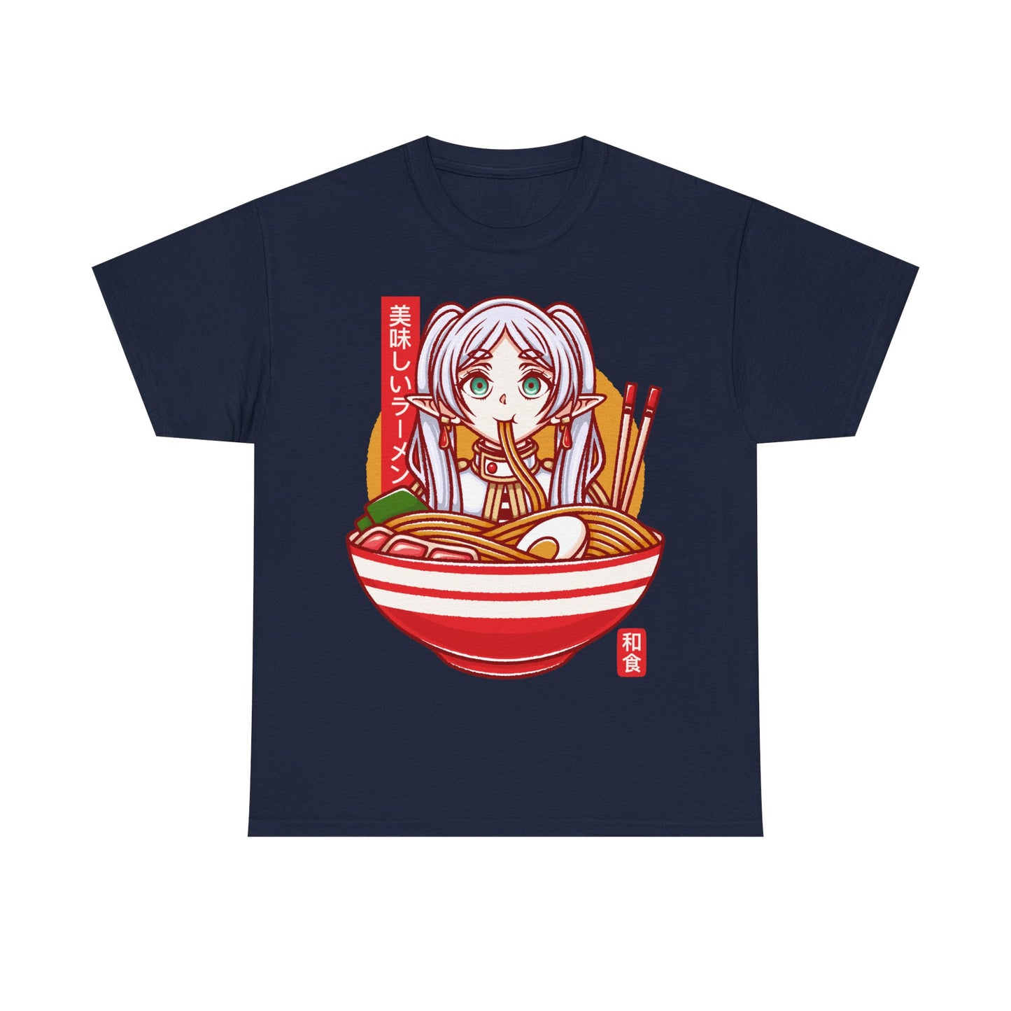 Frieren ramen t-shirt inspired by Sōsō no Frieren: Beyond Journey’s End, featuring the elf mage protagonist inside a stylized Japanese ramen bowl. This unisex anime shirt blends fantasy aesthetics with cozy ramen culture, creating a unique design for fans of the manga and anime series. Perfect anime merch for collectors, otaku enthusiasts, and lovers of Japanese art inspired apparel. Ideal t-shirt for Frieren fans and fantasy anime lovers.