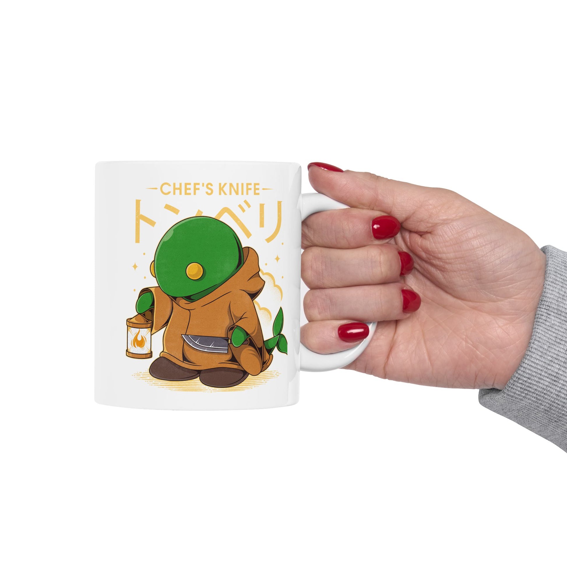 High-quality ceramic mug featuring Tonberry, the iconic and deadly enemy from the Final Fantasy RPG series. The design showcases Tonberry’s lantern and dagger in a cute yet intimidating style, perfect for JRPG fans and retro gamers. Durable ceramic construction makes it ideal for coffee, tea, or display. A great collectible for Final Fantasy enthusiasts, gaming merch lovers, and anyone who enjoys unique video game drinkware.