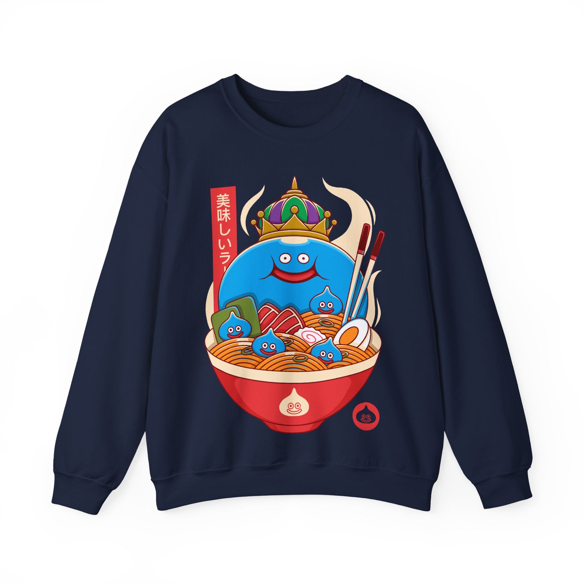 Cozy crewneck sweatshirt featuring King Slime from Dragon Quest sitting inside a detailed ramen bowl. The design blends Japanese food art, JRPG fantasy, and cute gamer aesthetics, making it perfect for fans of slimes, retro RPGs, and ramen culture. High-quality print with vibrant colors, ideal for collectors of Dragon Quest merch, Japanese-inspired apparel, and gaming streetwear. dragon quest video games merch, dragon quest crewneck sweatshirt, dragon quest hoodie, dragon quest king slime merch
