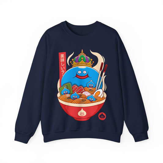 Cozy crewneck sweatshirt featuring King Slime from Dragon Quest sitting inside a detailed ramen bowl. The design blends Japanese food art, JRPG fantasy, and cute gamer aesthetics, making it perfect for fans of slimes, retro RPGs, and ramen culture. High-quality print with vibrant colors, ideal for collectors of Dragon Quest merch, Japanese-inspired apparel, and gaming streetwear. dragon quest video games merch, dragon quest crewneck sweatshirt, dragon quest hoodie, dragon quest king slime merch