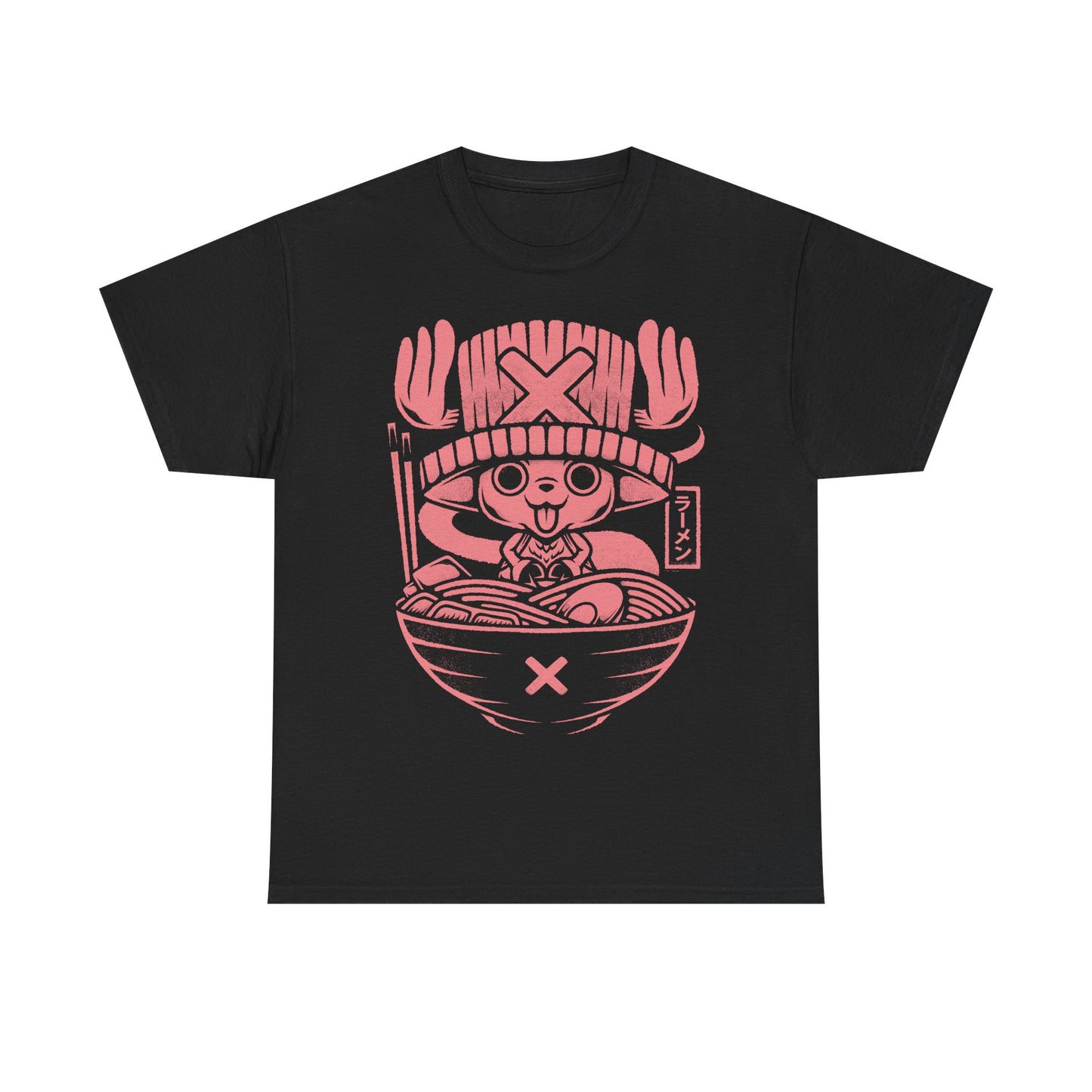 Tony Tony Chopper One Piece ramen t-shirt featuring the Straw Hat pirate doctor inside a Japanese noodle bowl in kawaii foodie anime style.