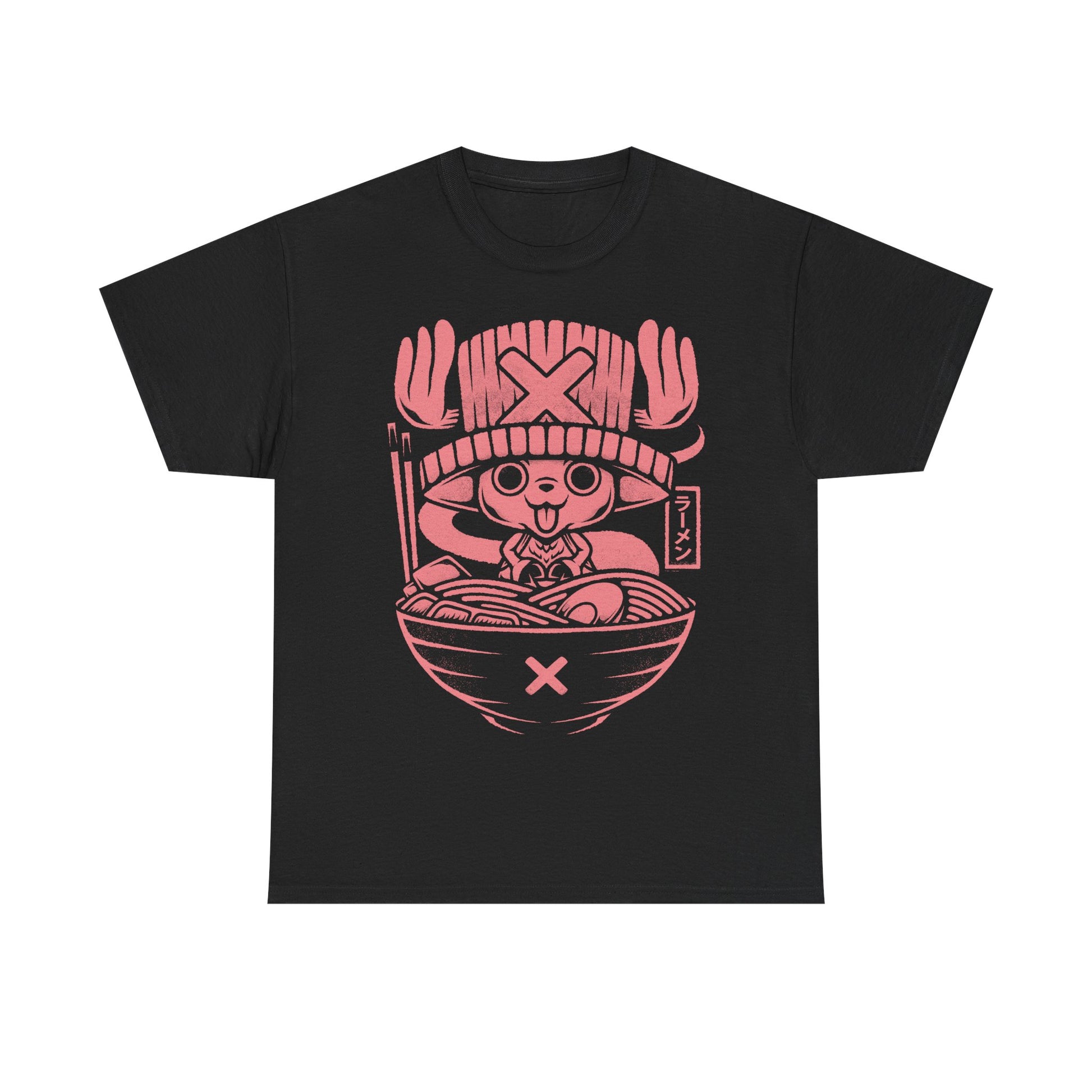 Tony Tony Chopper One Piece ramen t-shirt featuring the Straw Hat pirate doctor inside a Japanese noodle bowl in kawaii foodie anime style.