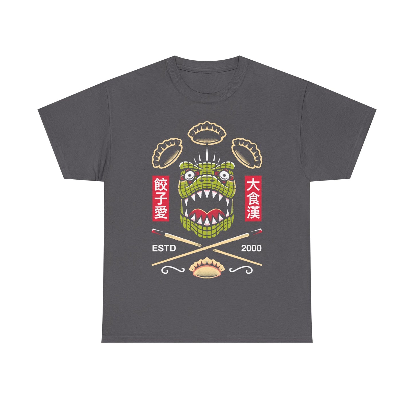 Kaiman Dorohedoro anime t-shirt featuring crossed Japanese chopsticks and gyozas in foodie anime streetwear style.