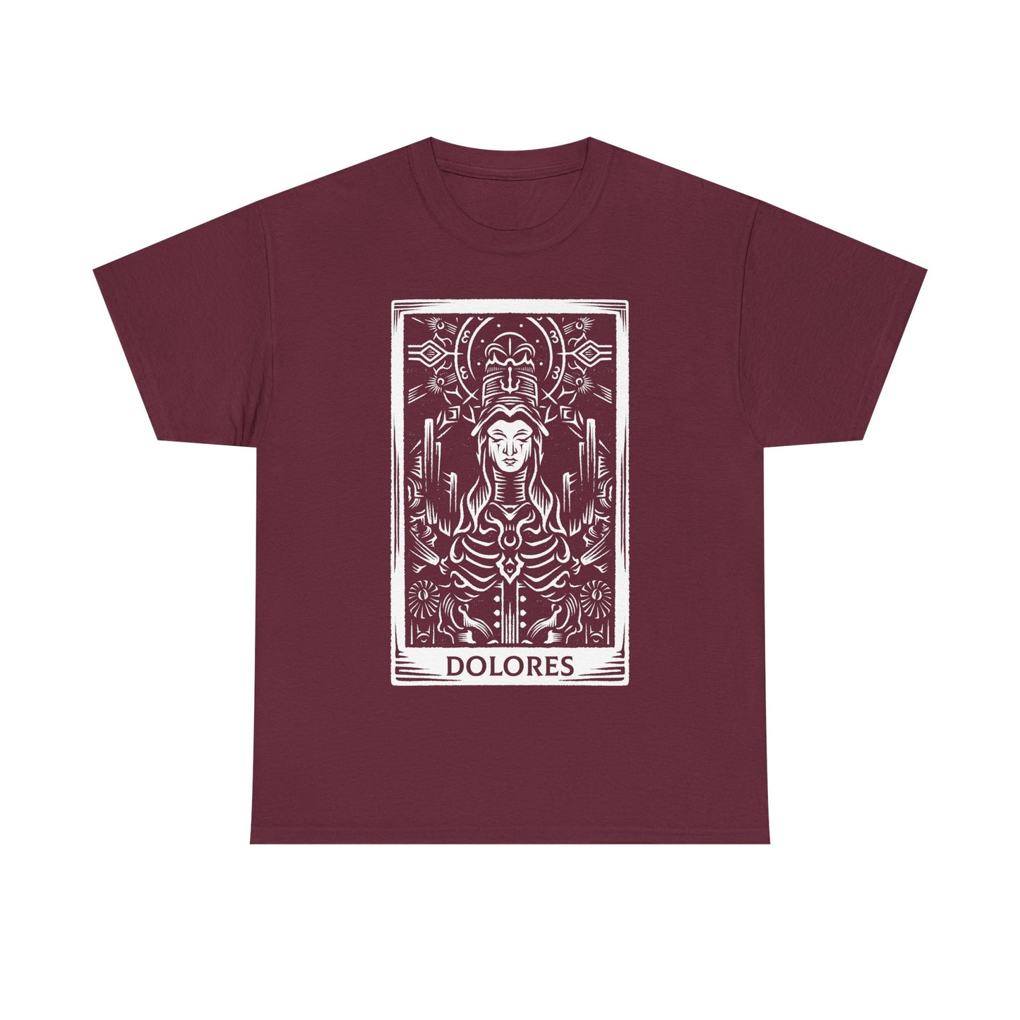 Madre Dolores tarot card t-shirt inspired by Crisol Theater of Idols, gothic horror dark fantasy tarot design featuring the mysterious character in occult tarot card style artwork.
