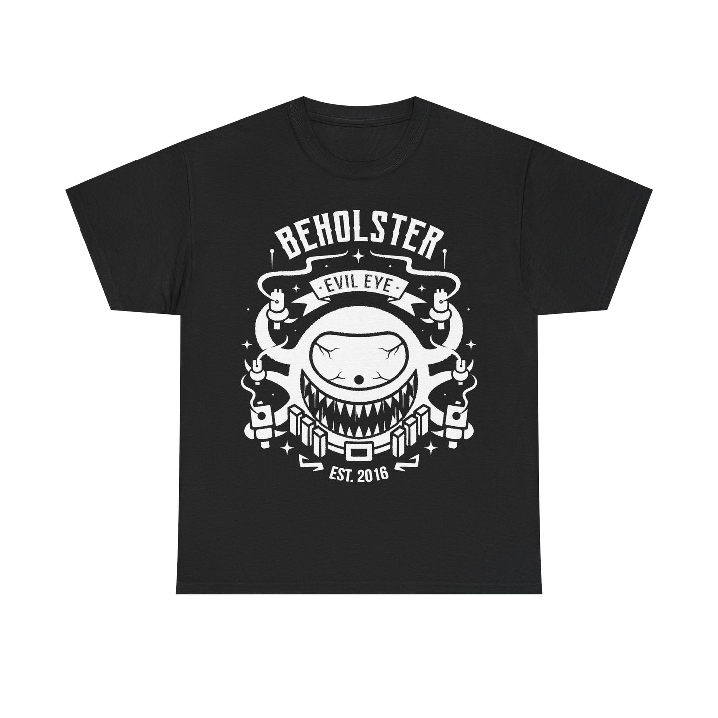 Enter the Gungeon Beholster boss t-shirt featuring the giant one-eyed Sphere of Many Guns and his six signature weapons from Gungeon Proper.