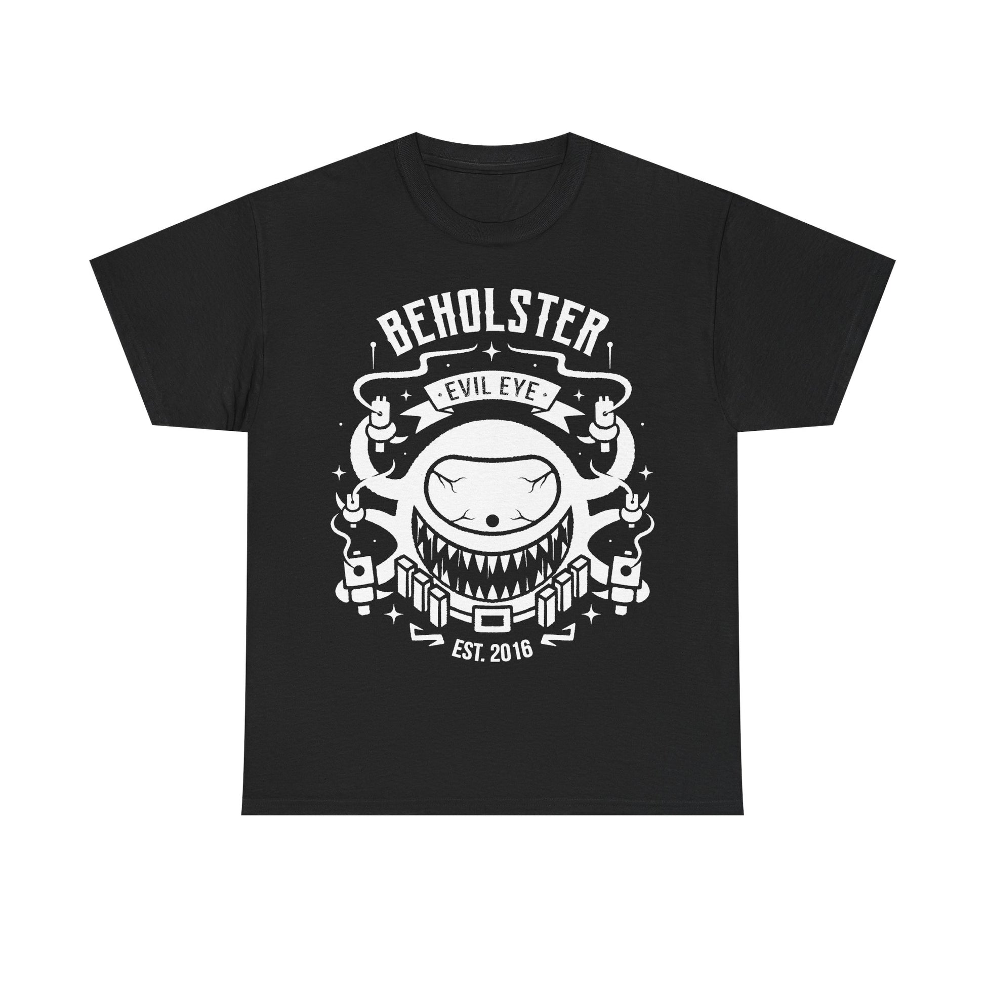 Enter the Gungeon Beholster boss t-shirt featuring the giant one-eyed Sphere of Many Guns and his six signature weapons from Gungeon Proper.