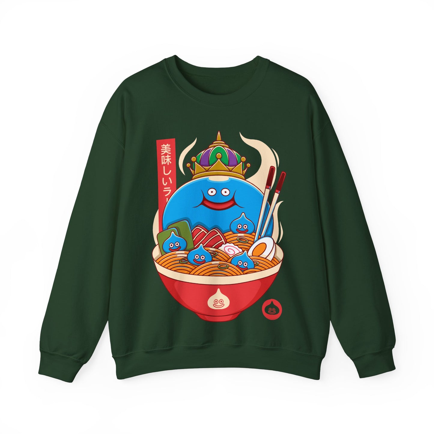 Cozy crewneck sweatshirt featuring King Slime from Dragon Quest sitting inside a detailed ramen bowl. The design blends Japanese food art, JRPG fantasy, and cute gamer aesthetics, making it perfect for fans of slimes, retro RPGs, and ramen culture. High-quality print with vibrant colors, ideal for collectors of Dragon Quest merch, Japanese-inspired apparel, and gaming streetwear. dragon quest video games merch, dragon quest crewneck sweatshirt, dragon quest hoodie, dragon quest king slime merch