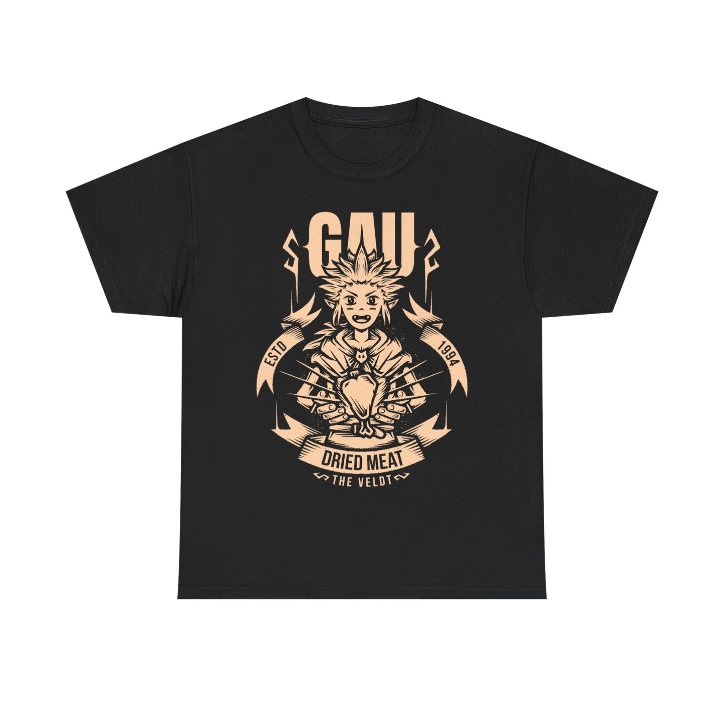 Gau Final Fantasy VI t-shirt featuring the Veldt recruitment scene with Sabin and Cyan using dried meat in the classic FF6 retro RPG. Perfect tee for Final Fantasy 6 gamers who wants unique merch.