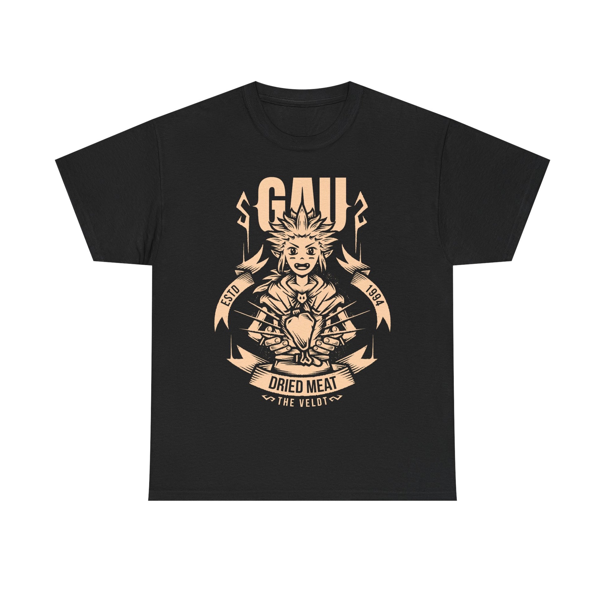 Gau Final Fantasy VI t-shirt featuring the Veldt recruitment scene with Sabin and Cyan using dried meat in the classic FF6 retro RPG. Perfect tee for Final Fantasy 6 gamers who wants unique merch.