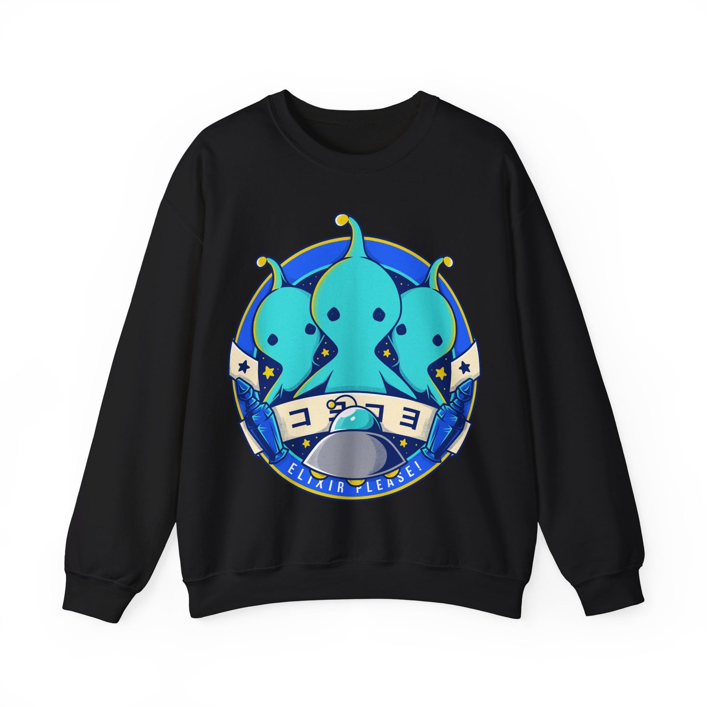 Pupu Final Fantasy crewneck sweatshirt featuring the iconic blue alien from FFVIII and FFXIV in a cute kawaii style. High-quality gamer apparel, perfect for JRPG fans, collectors, and retro gaming lovers. Exclusive Pupu alien graphic tee inspired by the UFO encounters in Final Fantasy VIII and Final Fantasy XIV. Unisex video game shirt ideal as a gift for gamers and anime fans. final fantasy viii merch, ffviii merch, ffxiv merch, final fantasy xiv merch, final fantasy viii pupu