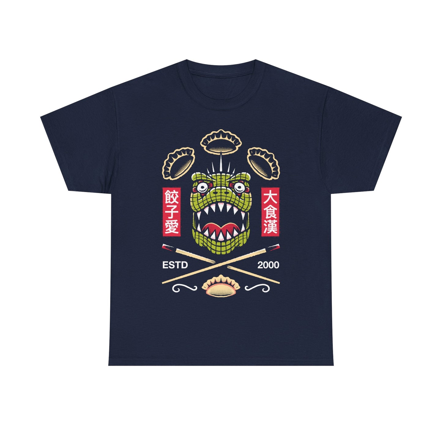 Kaiman Dorohedoro anime t-shirt featuring crossed Japanese chopsticks and gyozas in foodie anime streetwear style.