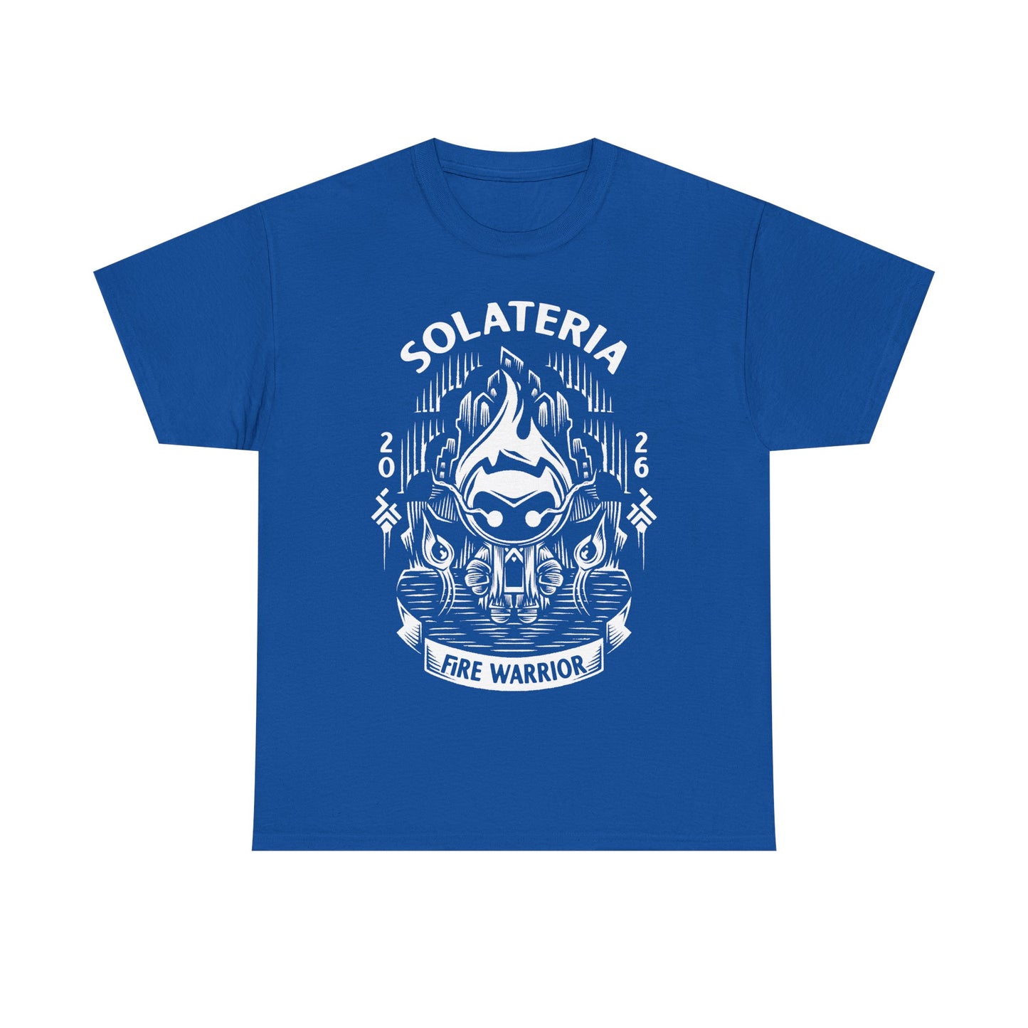 Solateria Fire Warrior t-shirt featuring the protagonist of the indie metroidvania game in a dark fantasy action platformer design.
