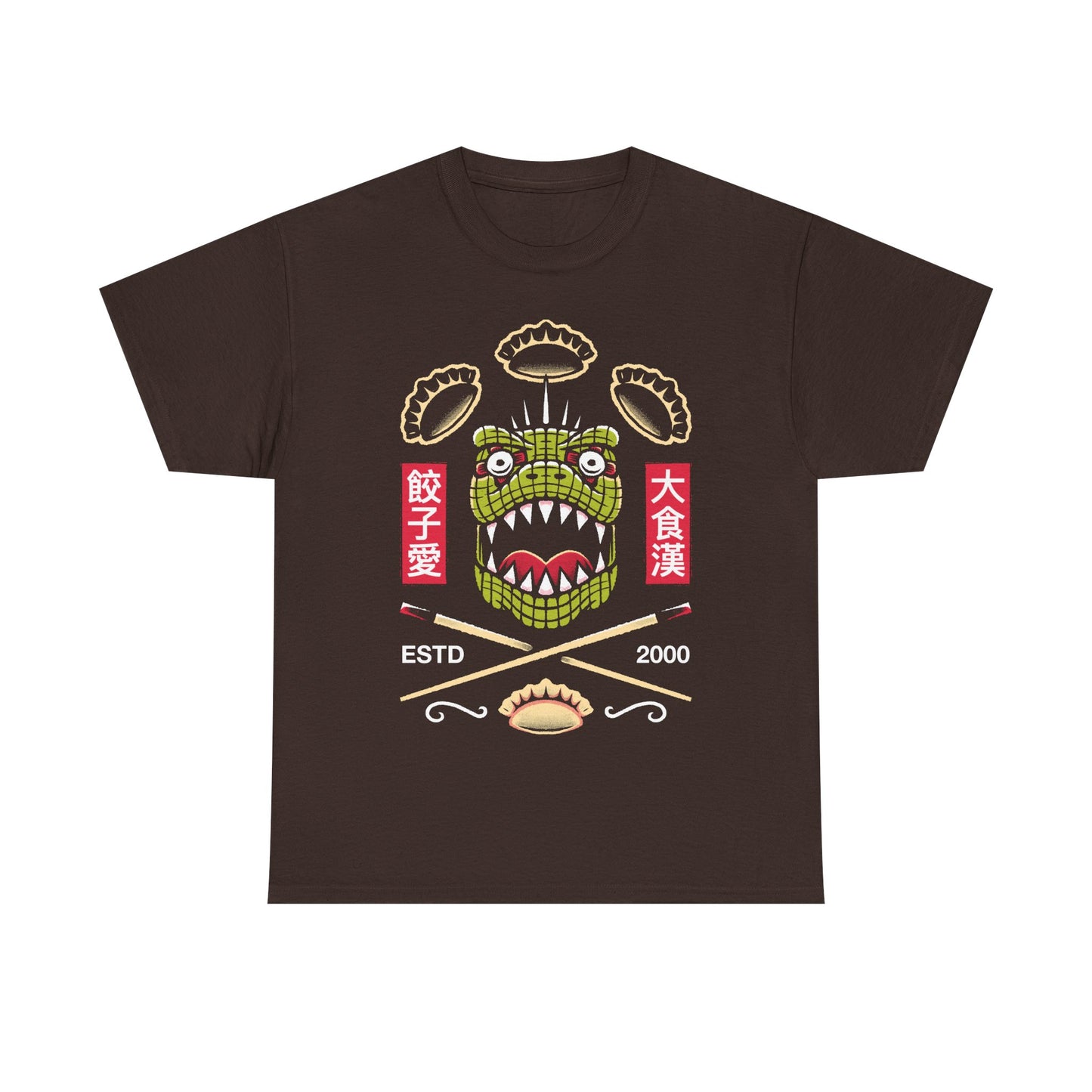 Kaiman Dorohedoro anime t-shirt featuring crossed Japanese chopsticks and gyozas in foodie anime streetwear style.