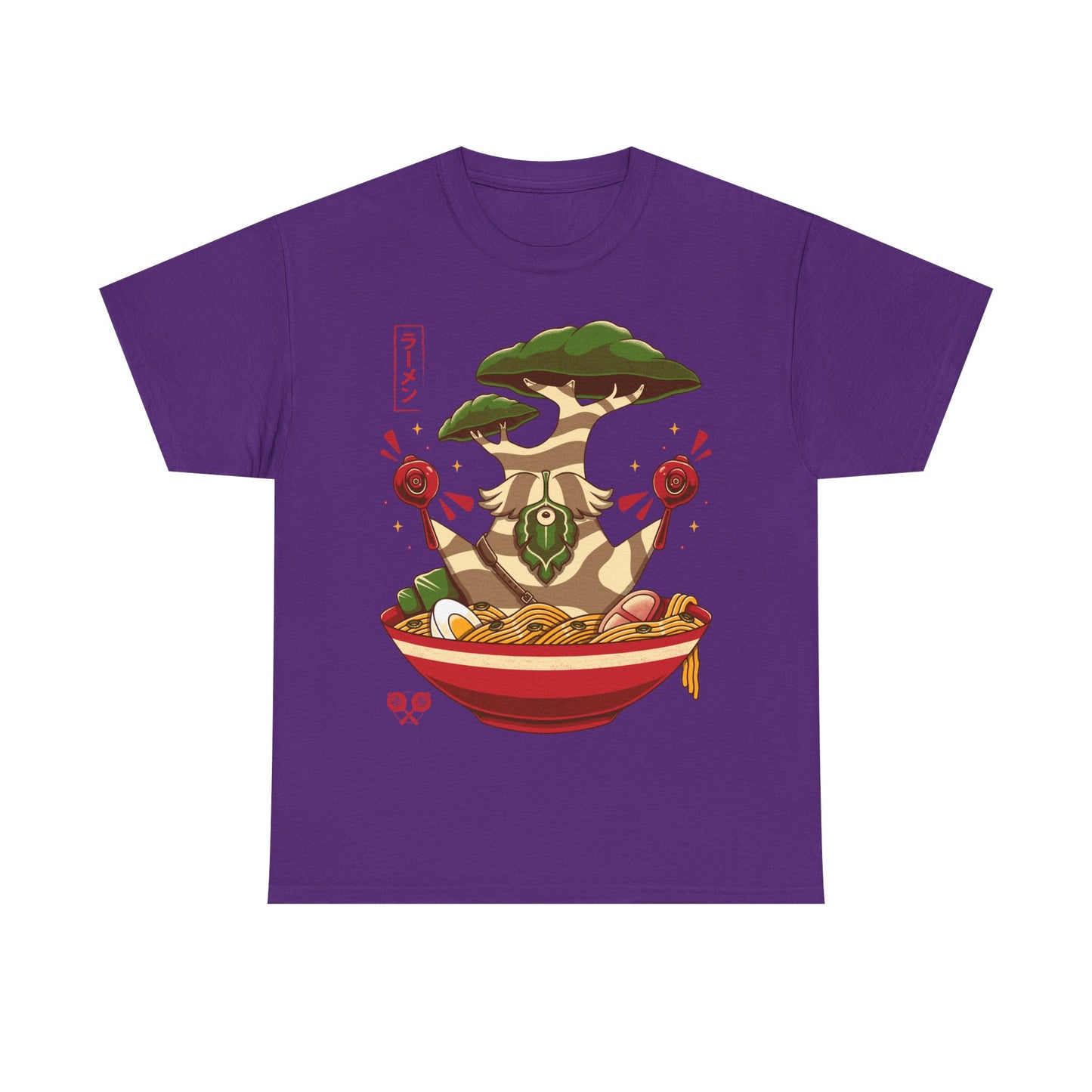 Hestu Korok t-shirt from The Legend of Zelda Breath of the Wild featuring Hestu doing the Shalaka Dance inside a ramen noodle bowl in cute gamer style.