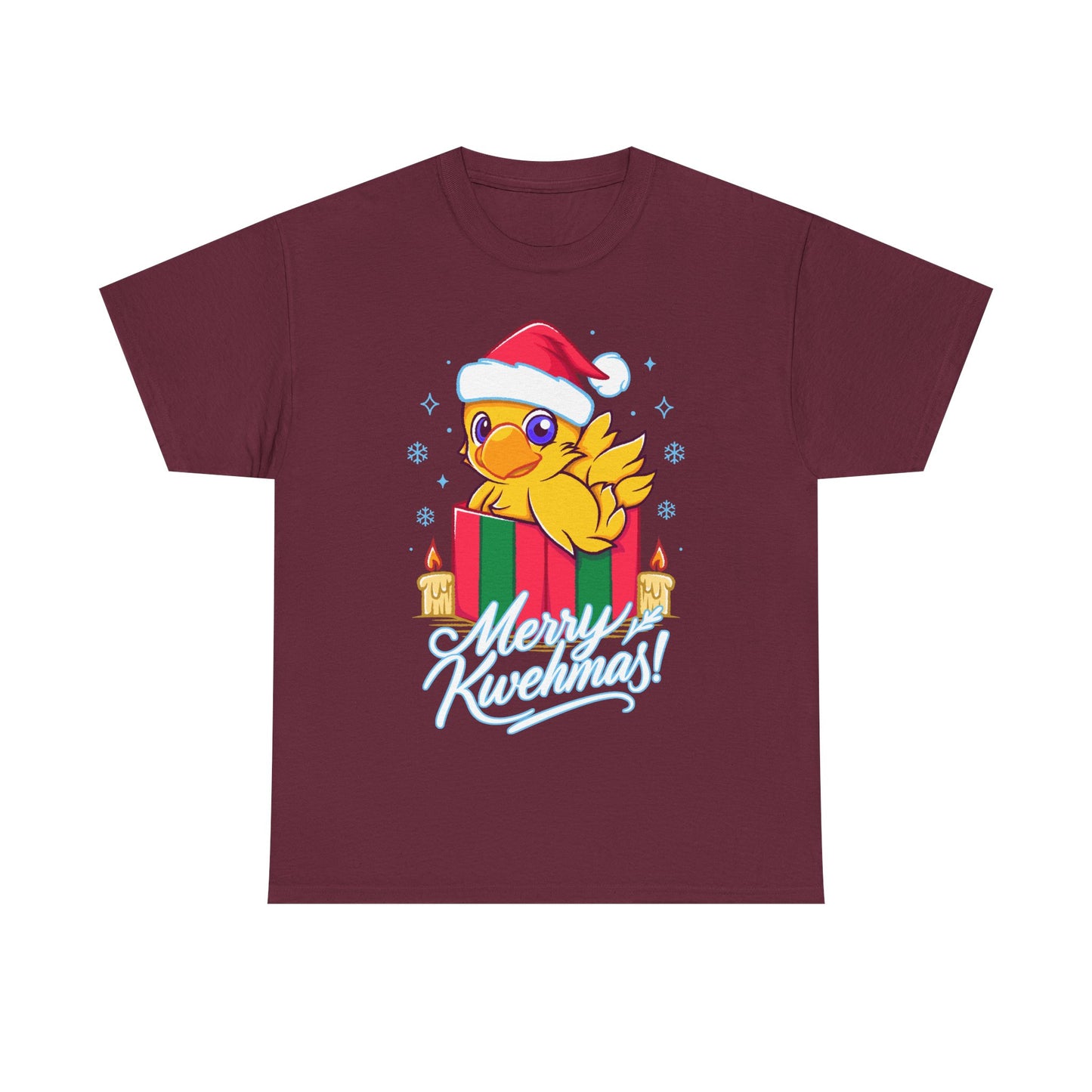 High-quality T-shirt featuring a cute Chocobo from the Final Fantasy series sitting inside a Christmas gift box and wearing a festive Santa hat. The design blends JRPG charm with adorable holiday aesthetics, making it perfect for fans of Chocobos, Christmas gaming apparel, and cute kawaii art. Ideal for gifting, collectors, and gamers who enjoy cozy festive clothing. Soft unisex tee suitable for daily wear during the holiday season. cute chocobo kawaii t-shirt, final fantasy christmas t-shirt