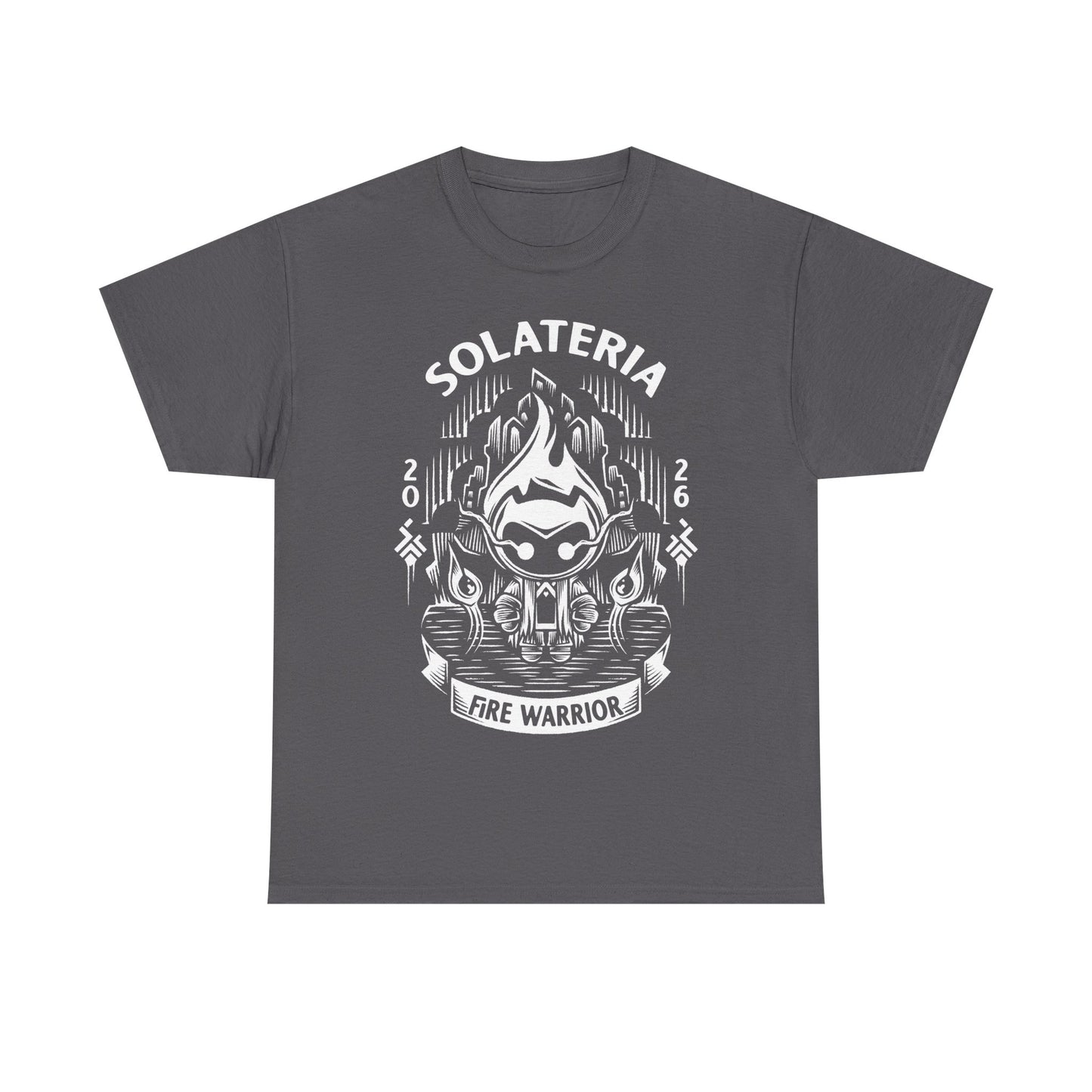 Solateria Fire Warrior t-shirt featuring the protagonist of the indie metroidvania game in a dark fantasy action platformer design.