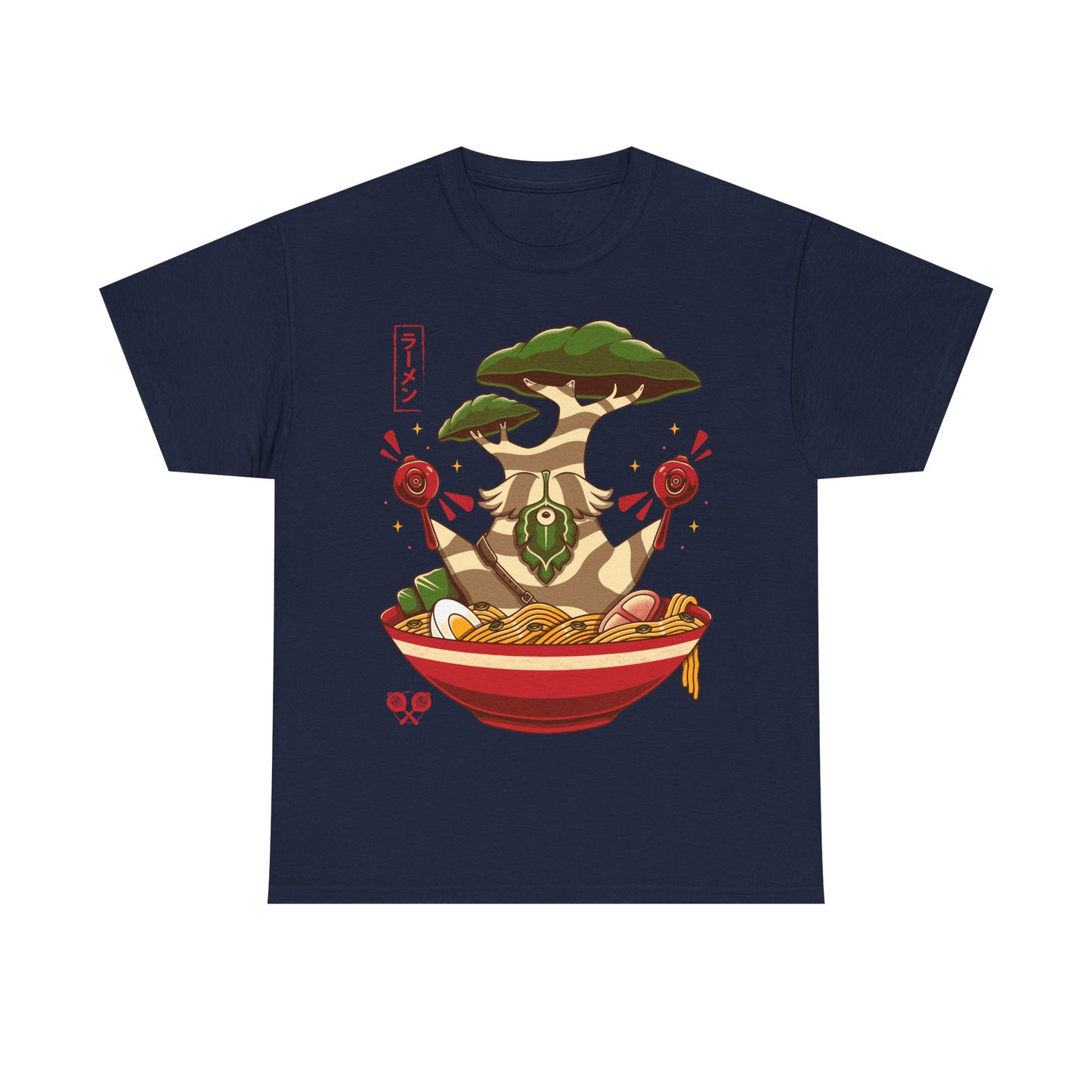 Hestu Korok t-shirt from The Legend of Zelda Breath of the Wild featuring Hestu doing the Shalaka Dance inside a ramen noodle bowl in cute gamer style.