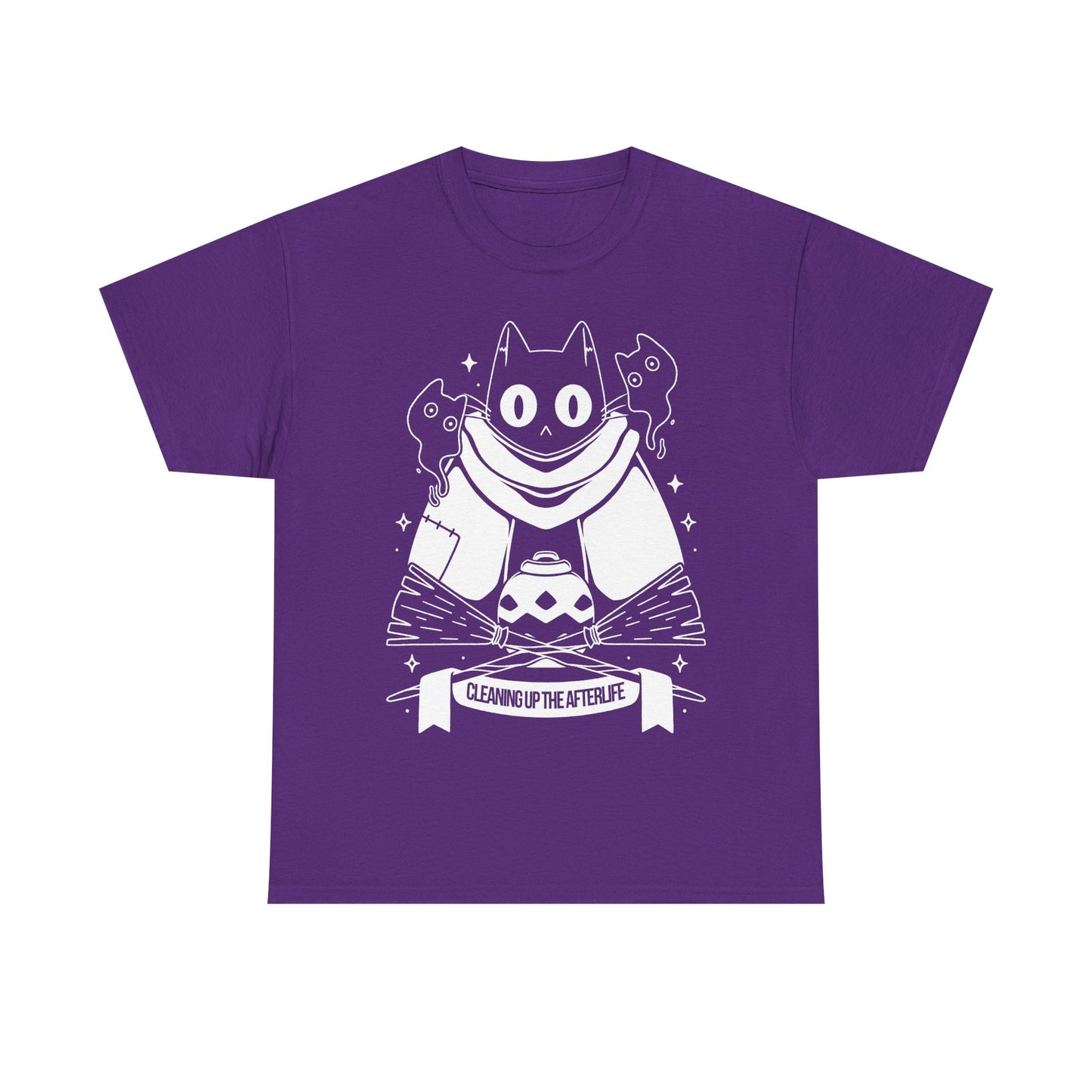 Crypt Custodian Cleaning Up the Afterlife t-shirt inspired by the indie metroidvania game starring Pluto, the mischievous ghost cat sentenced to clean the afterworld forever. This unisex gamer shirt captures the spooky cute charm and dark fantasy atmosphere of the game, blending cozy aesthetics with supernatural adventure. Perfect indie game merch for metroidvania fans, collectors, and gamers who love unique character-driven titles.