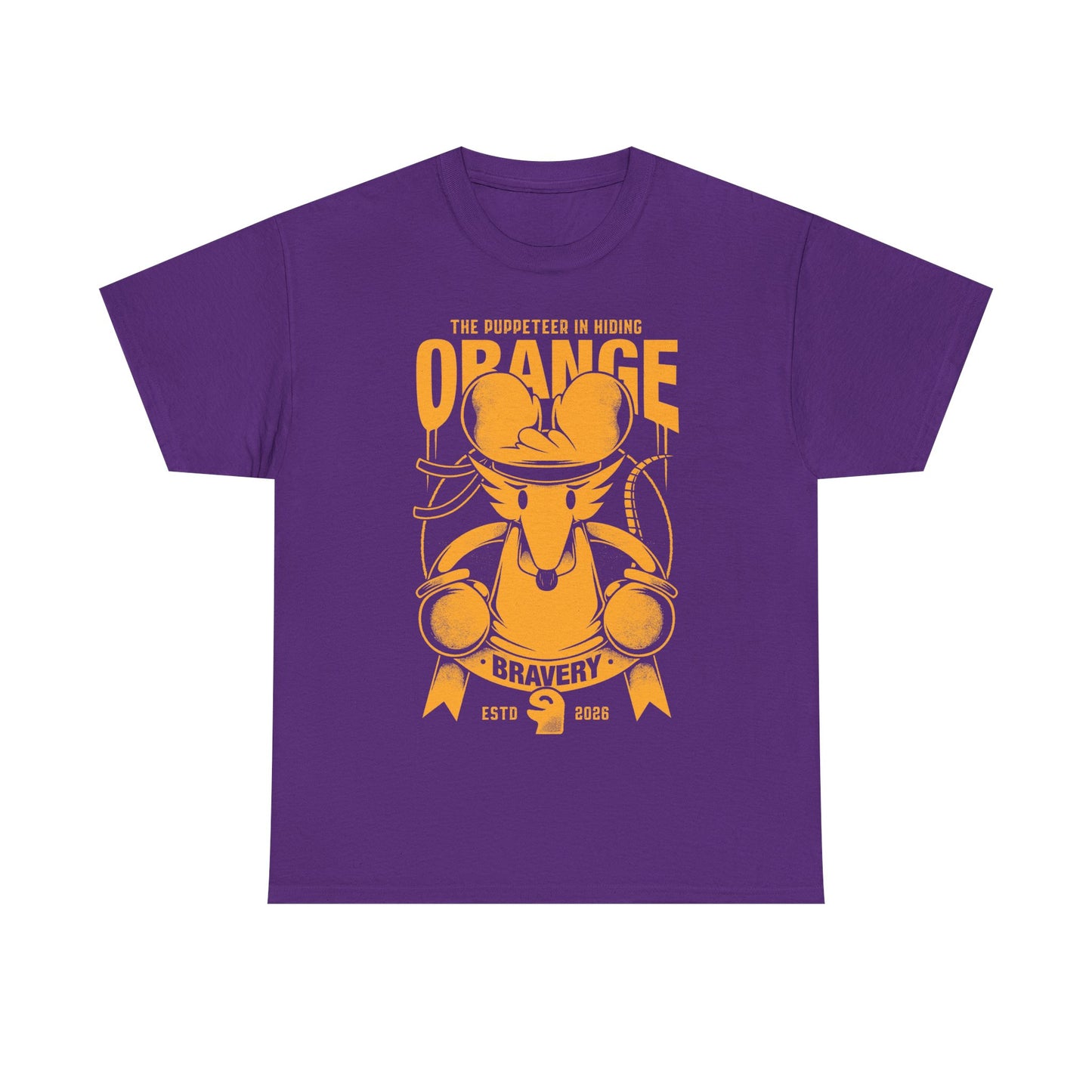 Orange Flower t-shirt inspired by Deltarune Chapter 5 featuring the Bravery SOUL flower with hidden puppeteer references in a vintage emblem style.