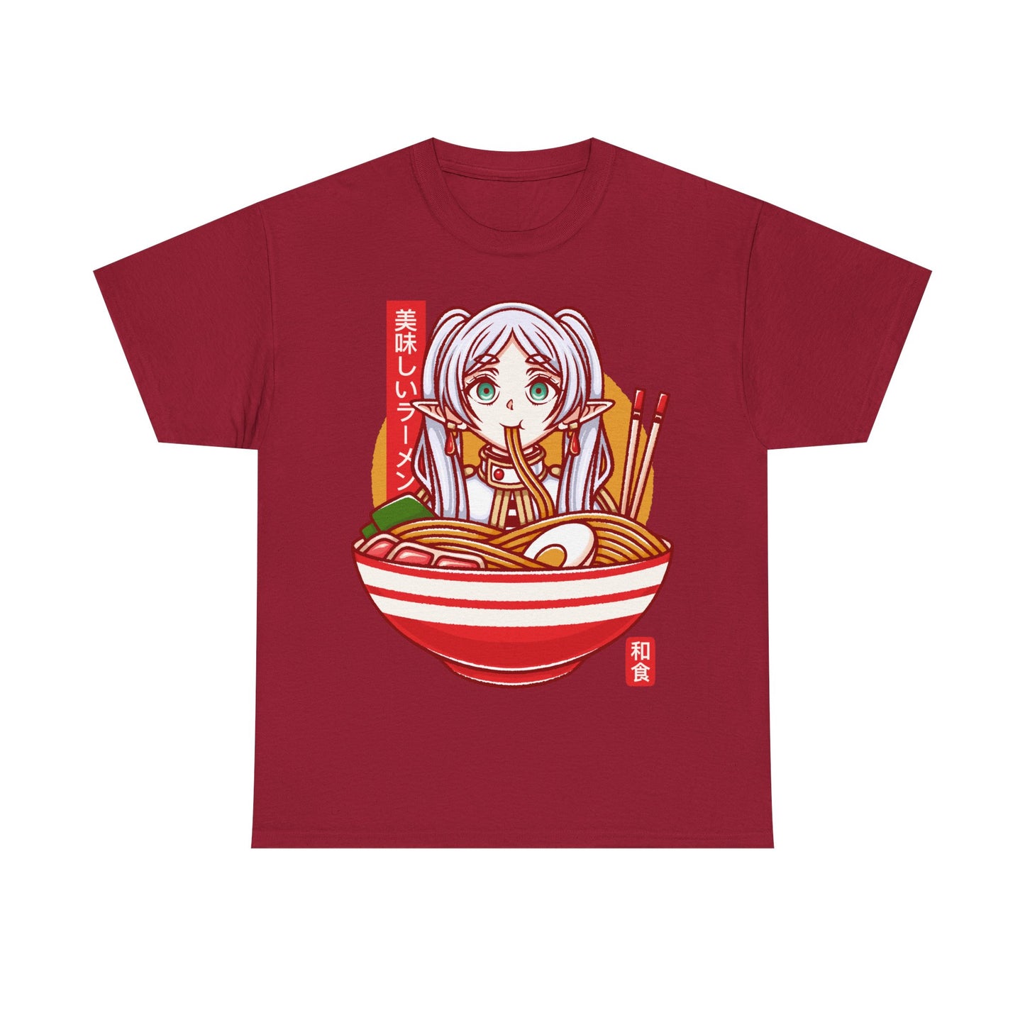 Frieren ramen t-shirt inspired by Sōsō no Frieren: Beyond Journey’s End, featuring the elf mage protagonist inside a stylized Japanese ramen bowl. This unisex anime shirt blends fantasy aesthetics with cozy ramen culture, creating a unique design for fans of the manga and anime series. Perfect anime merch for collectors, otaku enthusiasts, and lovers of Japanese art inspired apparel. Ideal t-shirt for Frieren fans and fantasy anime lovers.