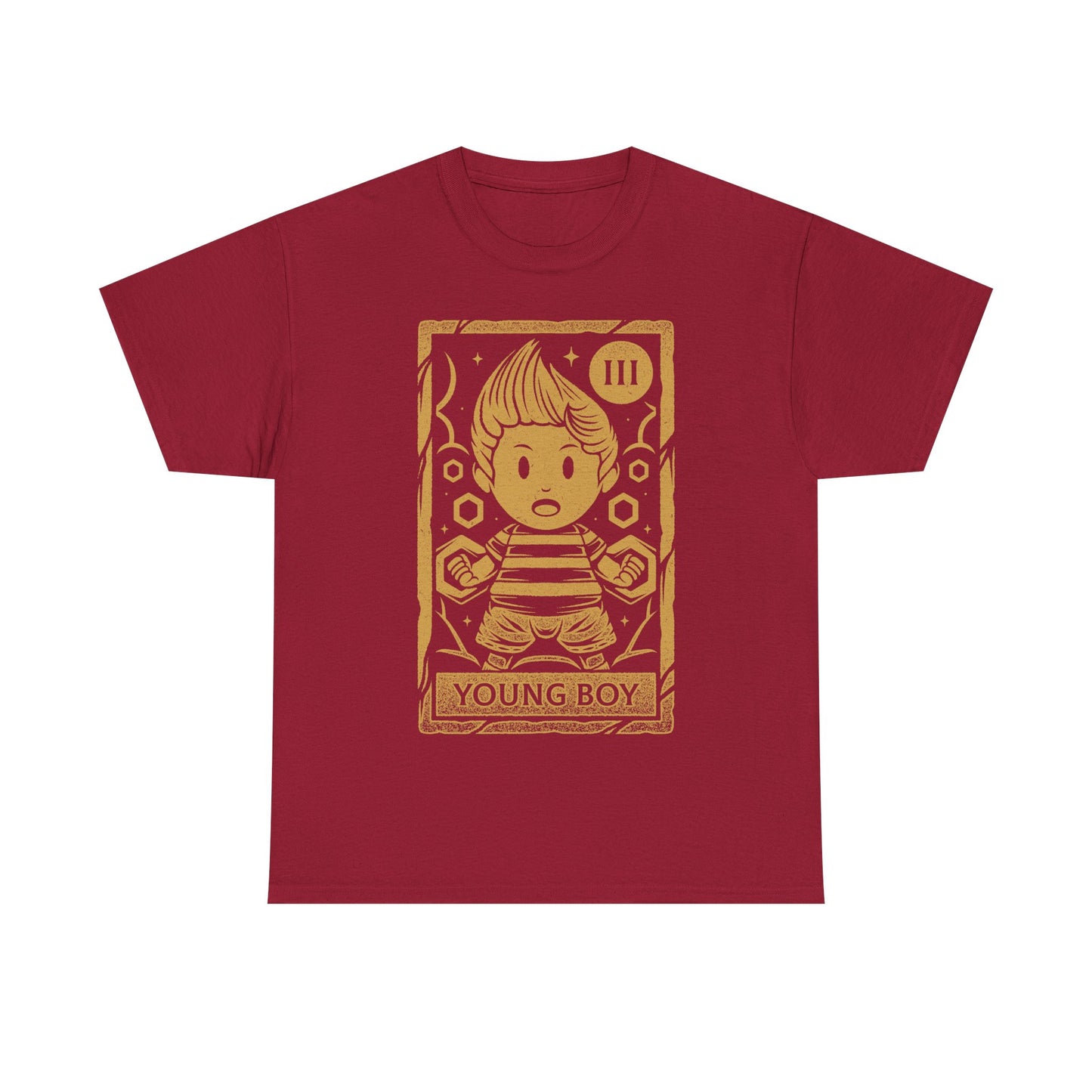Lucas Mother 3 t-shirt featuring a vintage tarot card illustration inspired by the emotional JRPG Mother 3. Retro gaming apparel with a one-ink monochrome design depicting Lucas, the main protagonist of the cult classic RPG. Nostalgic gamer merch ideal for fans of Mother 3 t-shirts, RPG and JRPG video games, tarot card art, and story-driven retro games. Perfect collector tee for retrogaming fans and lovers of symbolic fantasy illustration. mother 3 lucas t-shirt, mother 3 lucas merch.