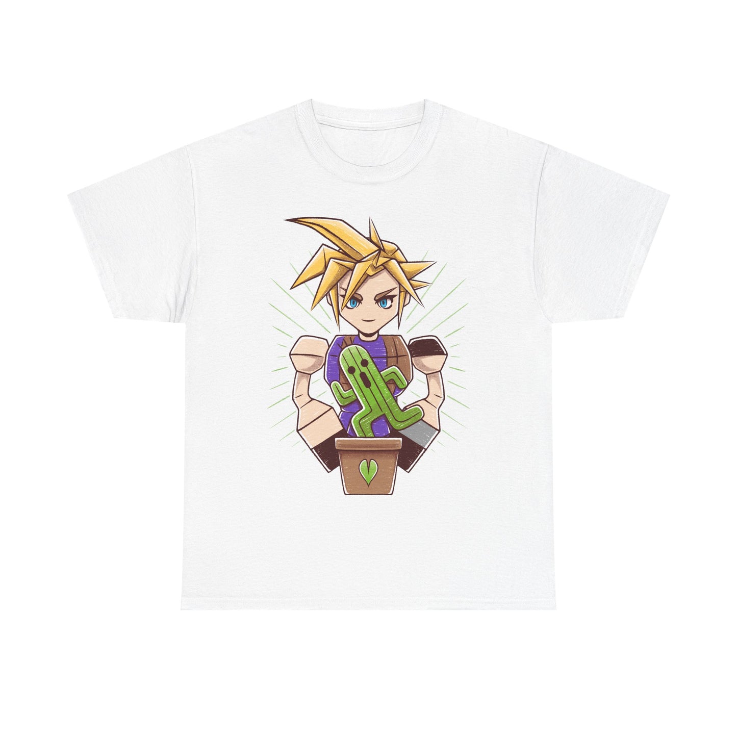 Final Fantasy VII t-shirt featuring Cloud Strife caring for a garden of Cactuars inspired by the legendary 10,000 Needles attack.