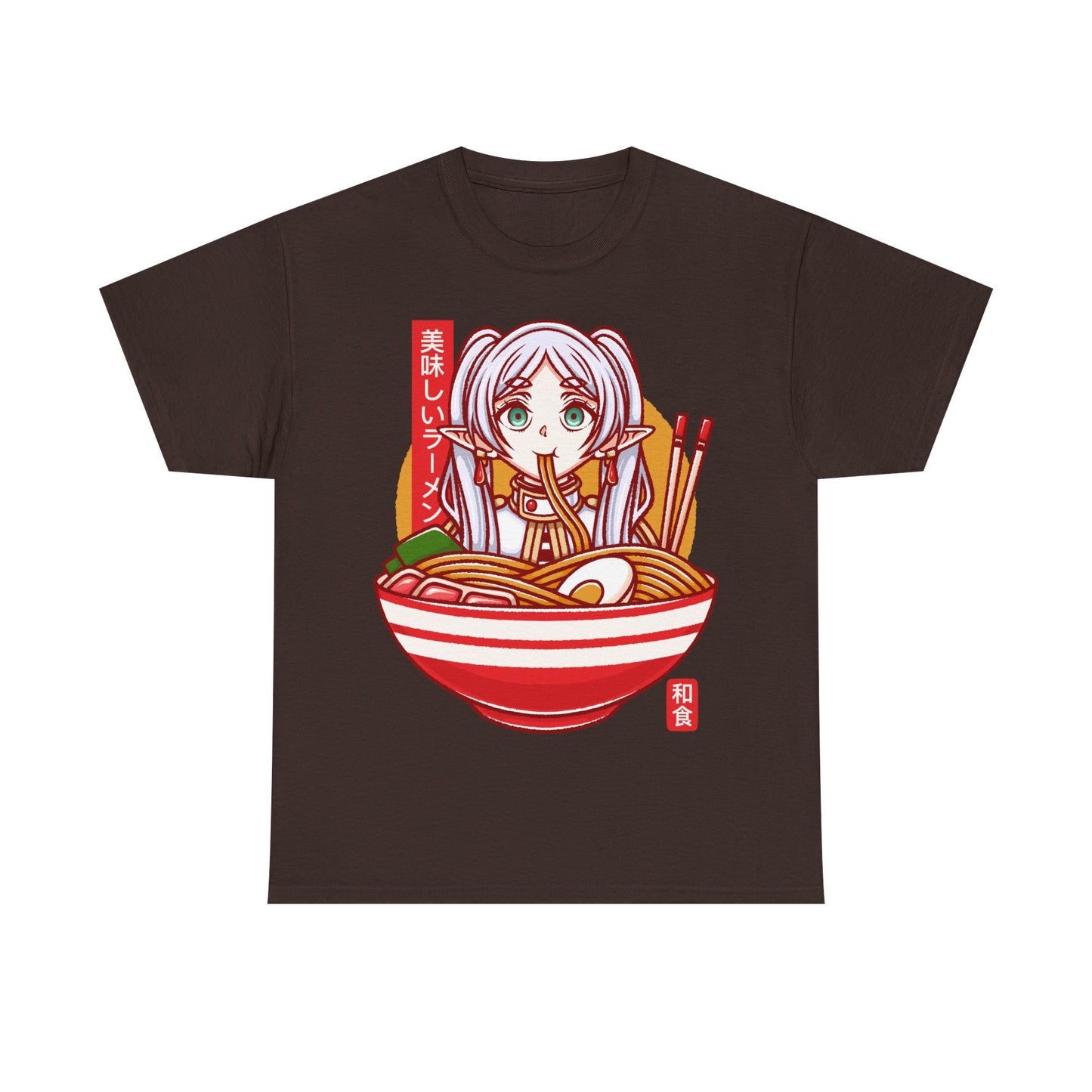 Frieren ramen t-shirt inspired by Sōsō no Frieren: Beyond Journey’s End, featuring the elf mage protagonist inside a stylized Japanese ramen bowl. This unisex anime shirt blends fantasy aesthetics with cozy ramen culture, creating a unique design for fans of the manga and anime series. Perfect anime merch for collectors, otaku enthusiasts, and lovers of Japanese art inspired apparel. Ideal t-shirt for Frieren fans and fantasy anime lovers.