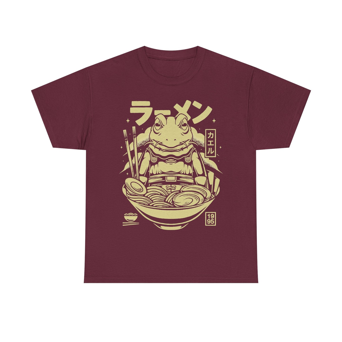 Chrono Trigger Glenn Frog Knight ramen t-shirt featuring Frog inside a Japanese ramen bowl.