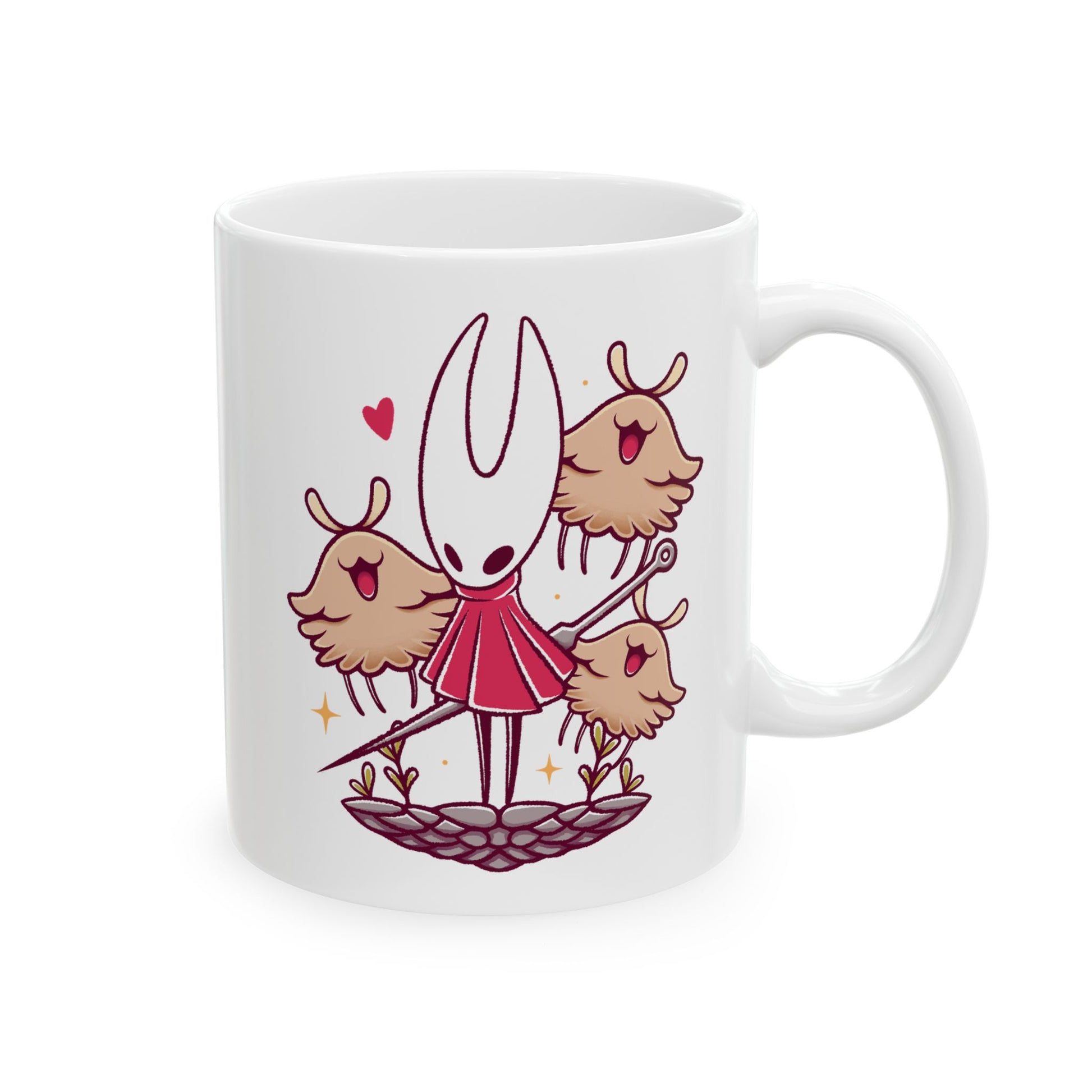 High-quality ceramic mug featuring Hornet and the Lost Fleas from Hollow Knight: Silksong in a cute watercolor art style. This kawaii-inspired design is perfect for indie game fans who love charming characters, cozy aesthetics, and collectible drinkware. Ideal for coffee or tea, the mug’s vibrant print and smooth ceramic finish make it a must-have for Silksong fans, metroidvania lovers, and anyone who enjoys artistic gaming merchandise.