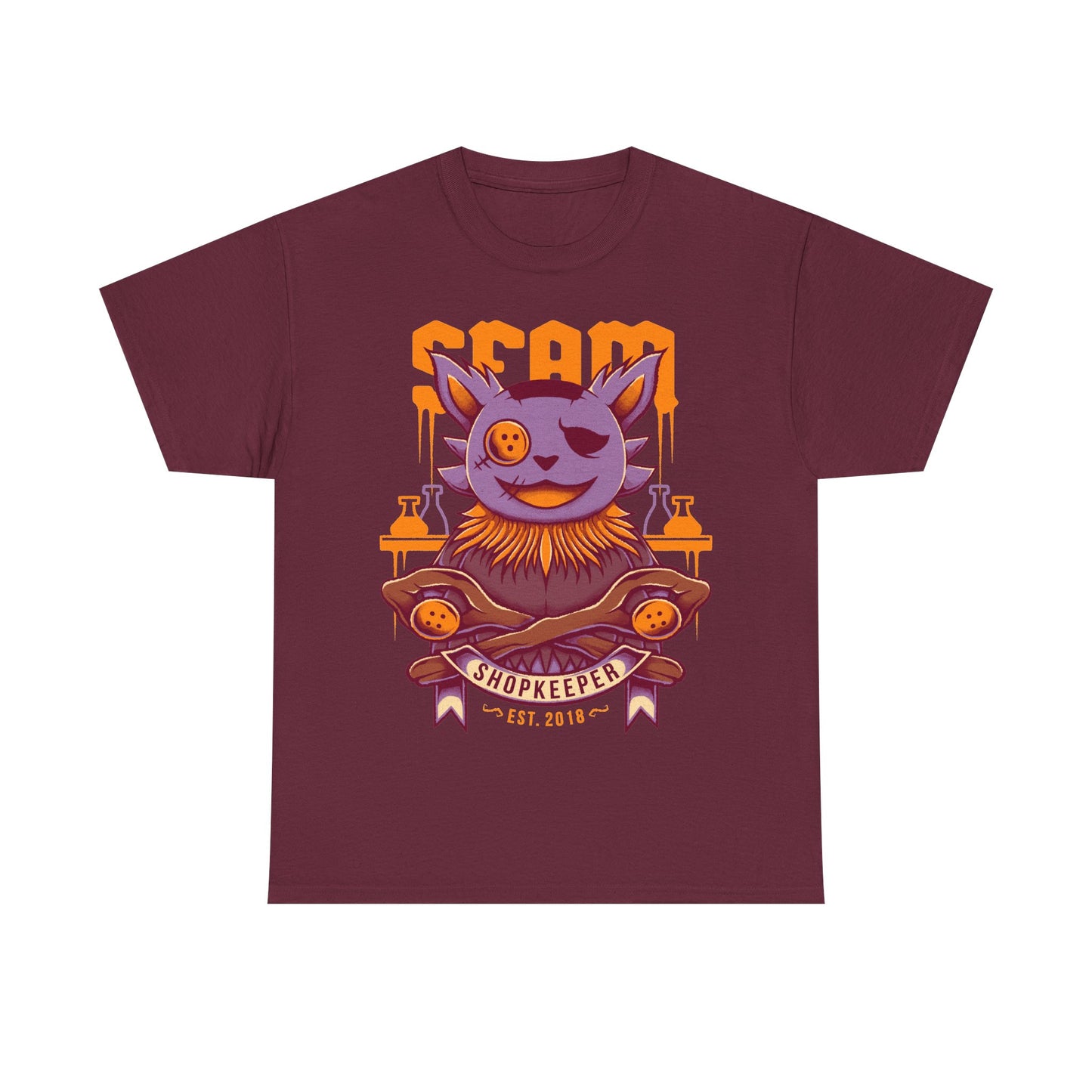 Deltarune Seam Shopkeeper Darkner t-shirt featuring the mysterious purple plush character and former Court Magician from Card Kingdom.