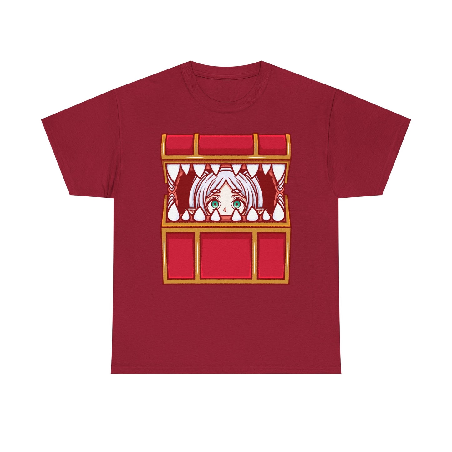 Frieren Mimic t-shirt inspired by Sōsō no Frieren: Beyond Journey’s End, featuring the elf mage protagonist being playfully eaten by a treasure chest mimic in a cute kawaii art style. This unisex anime shirt captures the viral meme loved by fans across the internet. Perfect fantasy anime merch for collectors, otaku enthusiasts, and fans of Frieren who enjoy funny dungeon moments and RPG-inspired designs.