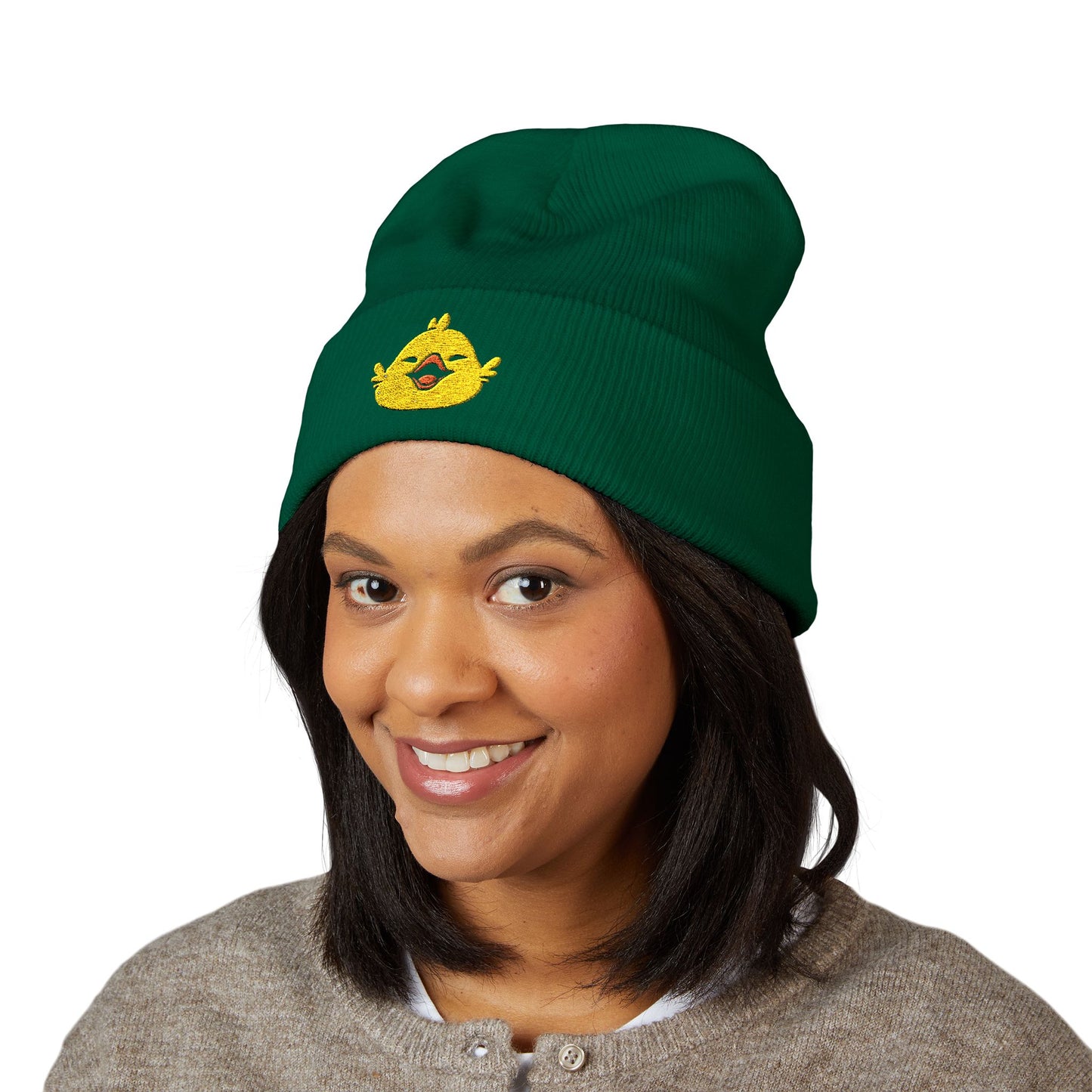 Fat Chocobo embroidered gaming beanie inspired by Final Fantasy XIV and Final Fantasy RPG video games displayed as a stylish cuffed winter hat.