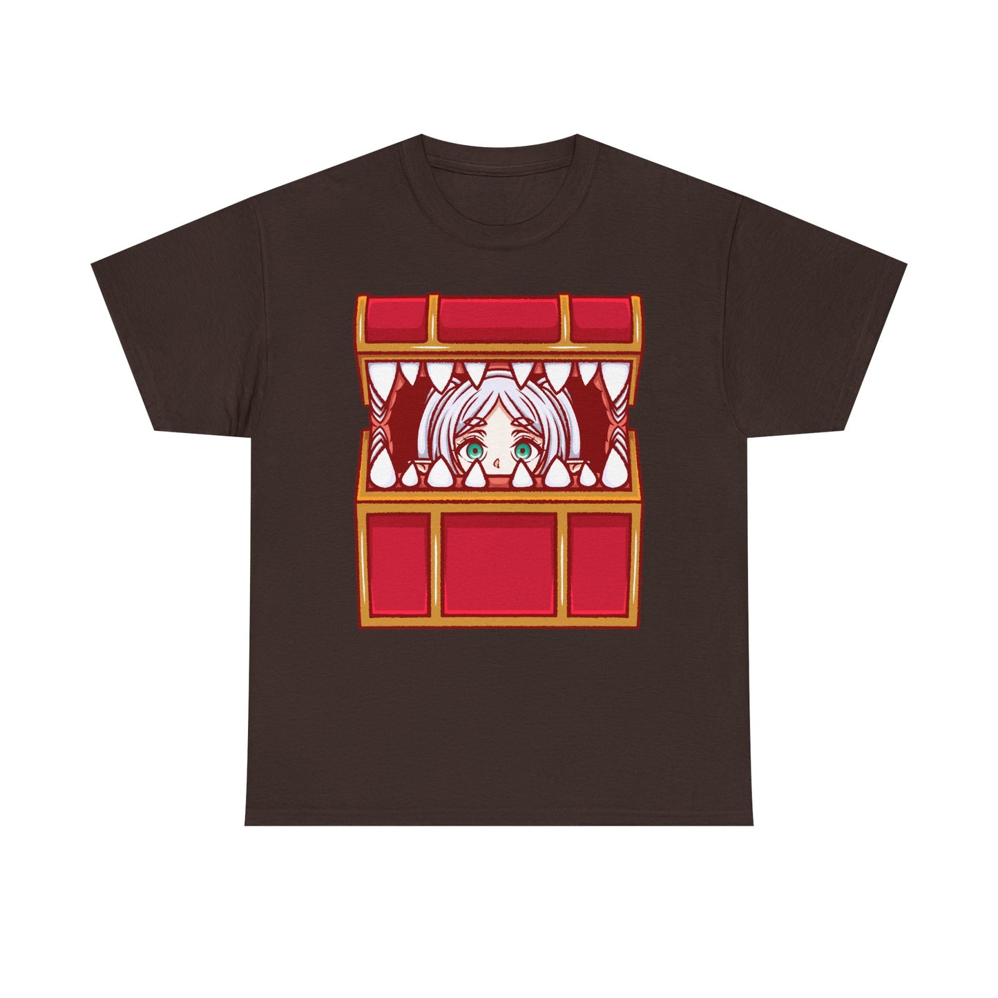 Frieren Mimic t-shirt inspired by Sōsō no Frieren: Beyond Journey’s End, featuring the elf mage protagonist being playfully eaten by a treasure chest mimic in a cute kawaii art style. This unisex anime shirt captures the viral meme loved by fans across the internet. Perfect fantasy anime merch for collectors, otaku enthusiasts, and fans of Frieren who enjoy funny dungeon moments and RPG-inspired designs.