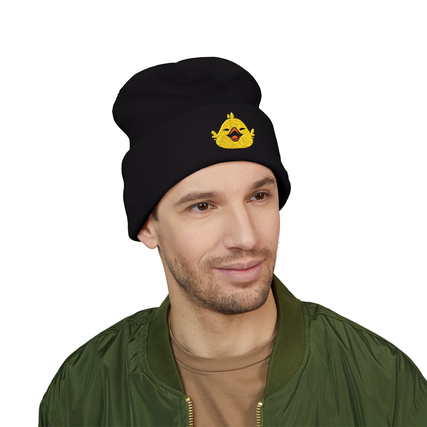 Fat Chocobo embroidered gaming beanie inspired by Final Fantasy XIV and Final Fantasy RPG video games displayed as a stylish cuffed winter hat.