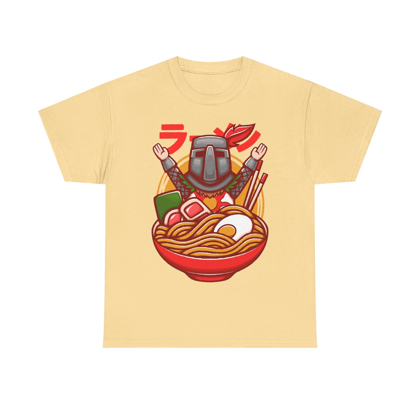 Solaire of Astora ramen t-shirt inspired by Dark Souls, featuring the iconic knight inside a stylized ramen bowl in a fun fantasy art style. This unisex gamer shirt blends action RPG energy with cozy Japanese ramen aesthetics. Perfect for fans of Dark Souls, Dark Souls II, Dark Souls III, Bloodborne, and Elden Ring. Ideal soulslike merch for collectors, FromSoftware fans, and gamers who love unique fantasy designs.
