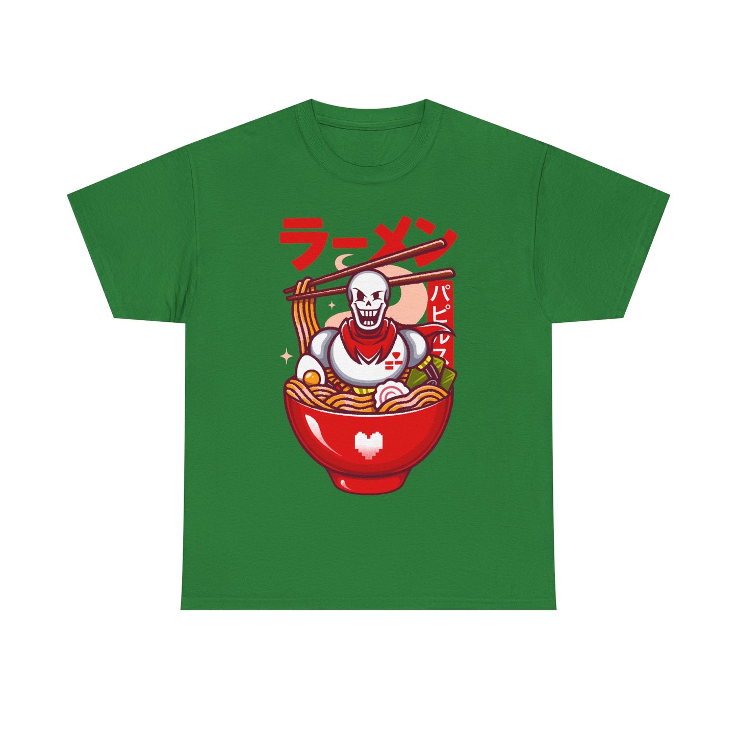 Image of a Papyrus T-shirt inspired by the indie game Undertale, featuring Papyrus sitting inside a Japanese ramen bowl in a cute kawaii art style. The design includes noodles, chopsticks and bright manga-style colors, perfect for fans of Papyrus, Sans, Undyne and the Undertale cast. Ideal for gamers who love Japanese food, ramen-themed apparel, geek culture, and unique Undertale merch with a playful aesthetic. papyrus undertale t-shirt, papyrus undertale video game merch, papyrus undertale tee