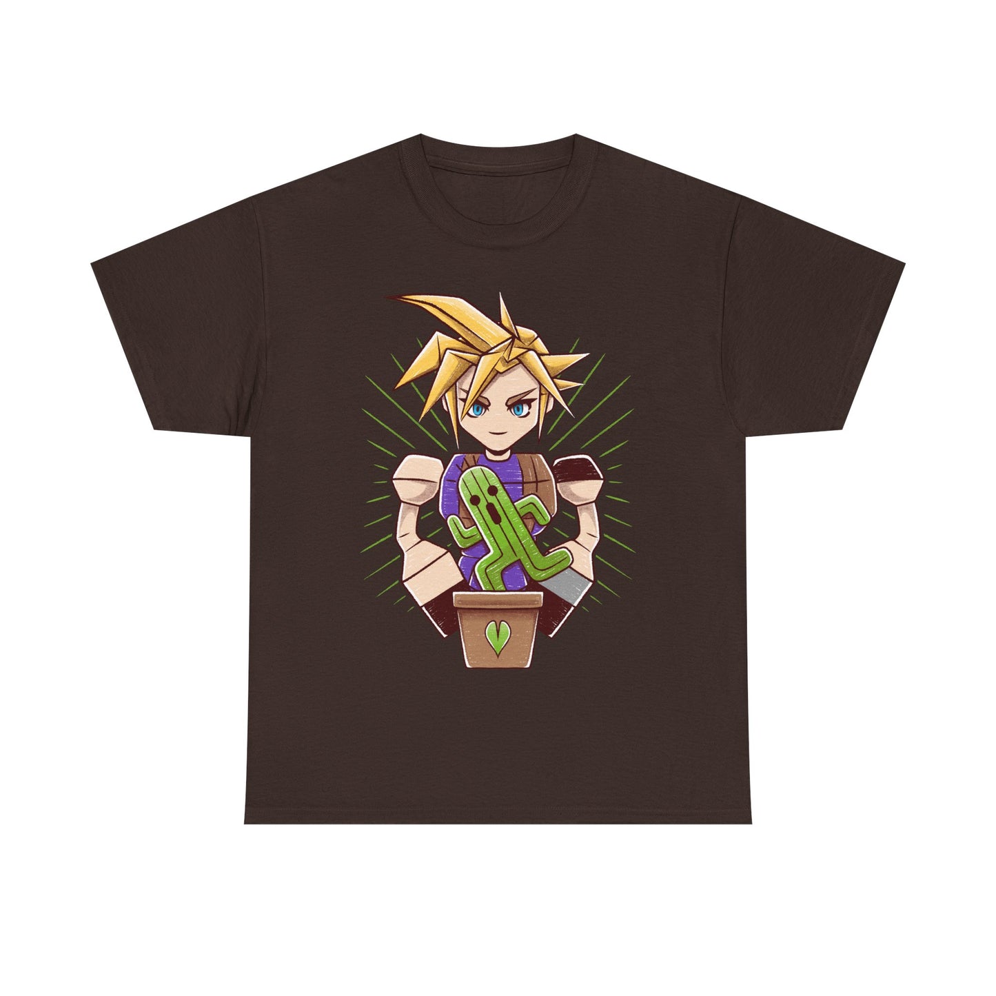 Final Fantasy VII t-shirt featuring Cloud Strife caring for a garden of Cactuars inspired by the legendary 10,000 Needles attack.