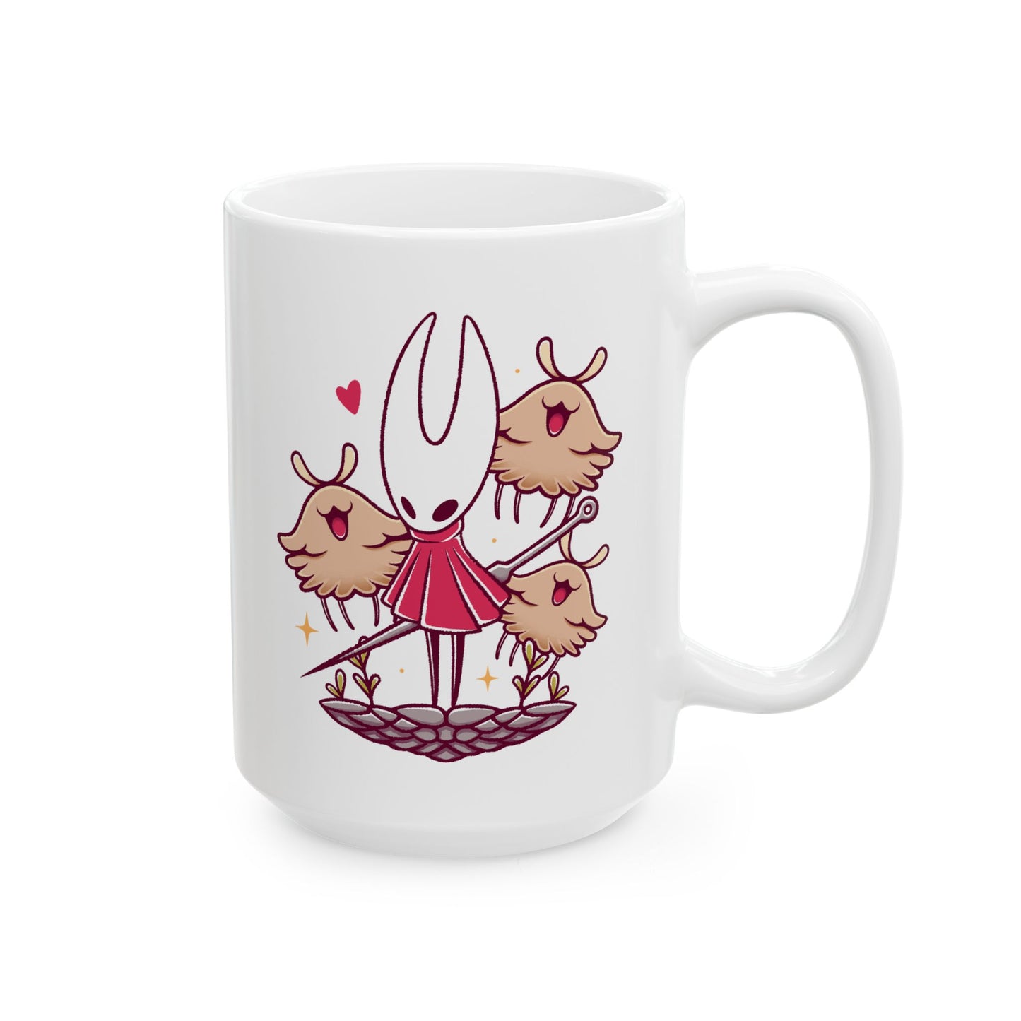 High-quality ceramic mug featuring Hornet and the Lost Fleas from Hollow Knight: Silksong in a cute watercolor art style. This kawaii-inspired design is perfect for indie game fans who love charming characters, cozy aesthetics, and collectible drinkware. Ideal for coffee or tea, the mug’s vibrant print and smooth ceramic finish make it a must-have for Silksong fans, metroidvania lovers, and anyone who enjoys artistic gaming merchandise.