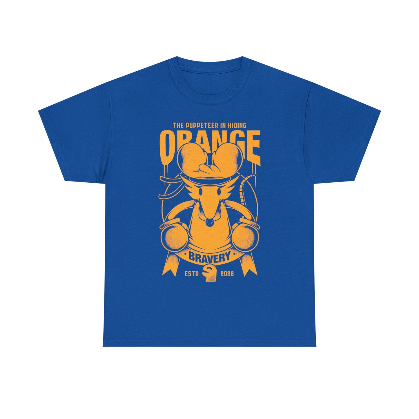 Orange Flower t-shirt inspired by Deltarune Chapter 5 featuring the Bravery SOUL flower with hidden puppeteer references in a vintage emblem style.