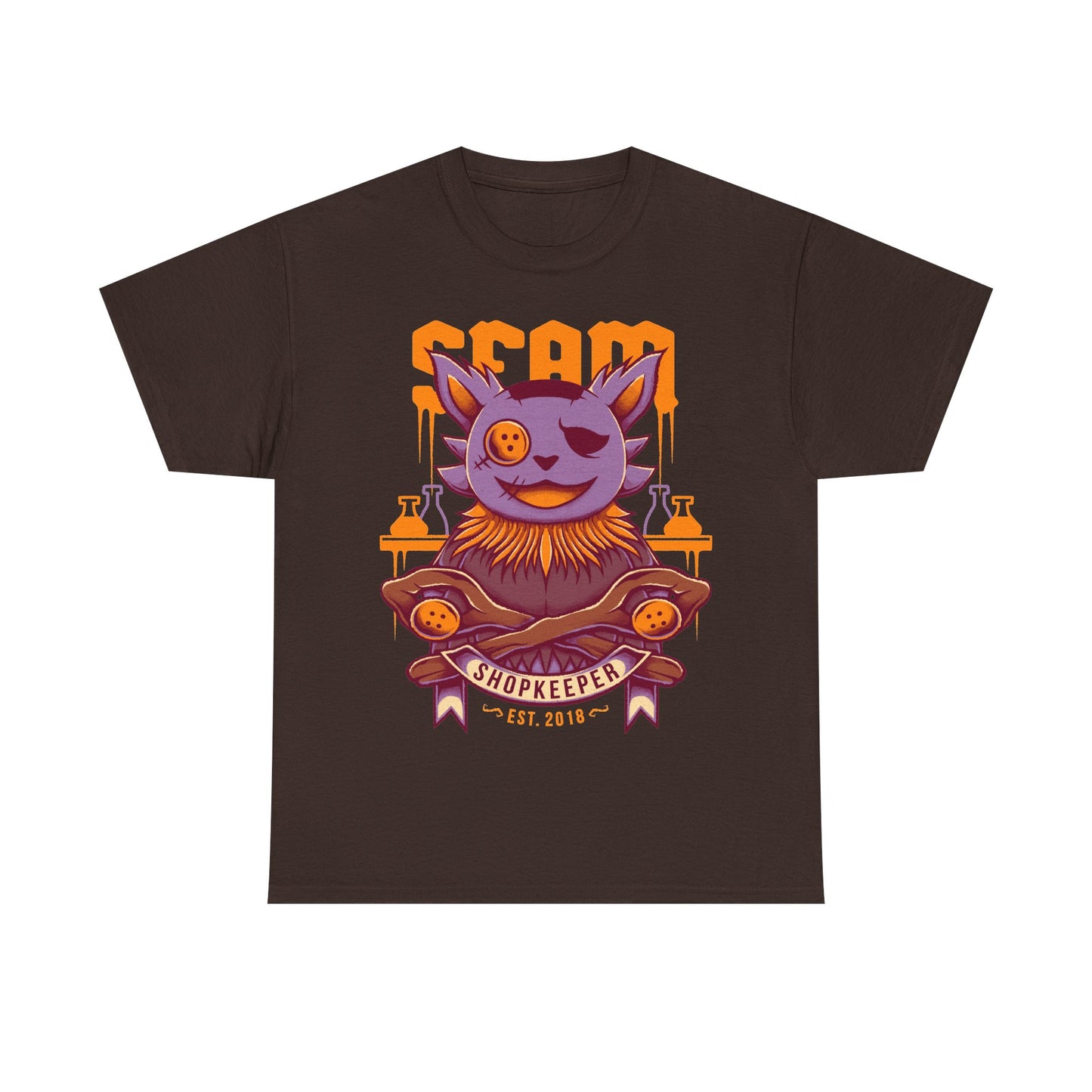 Deltarune Seam Shopkeeper Darkner t-shirt featuring the mysterious purple plush character and former Court Magician from Card Kingdom.
